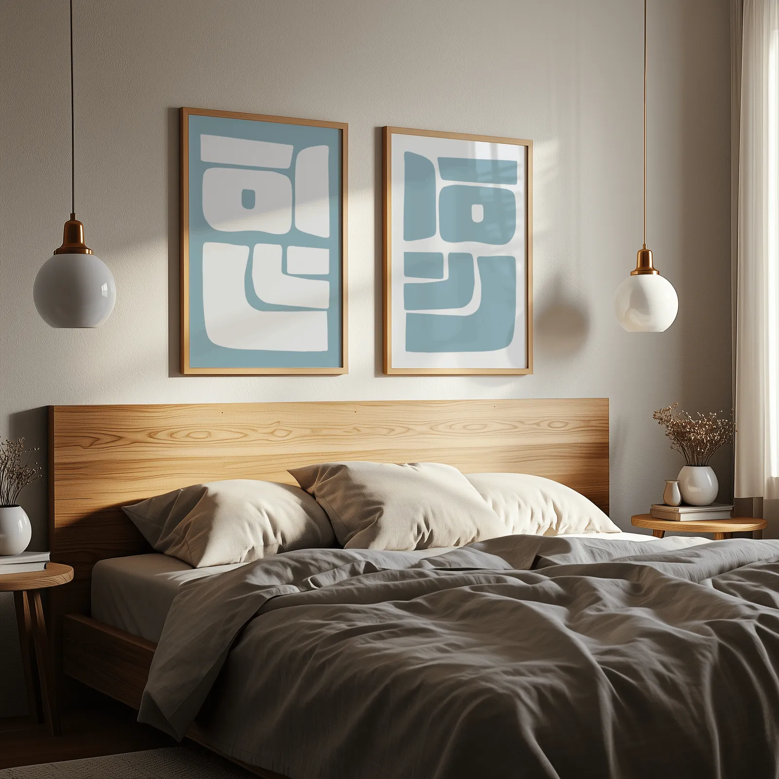 blue abstract minimalist wall art set of 2, above a wooden headboard flanked by globe pendant lights