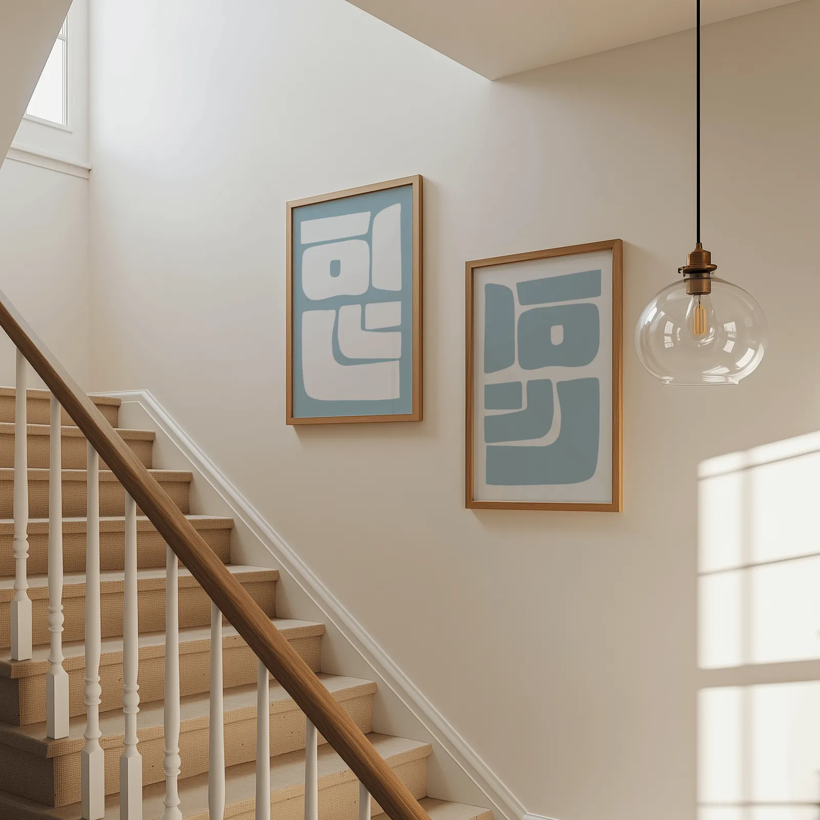 blue abstract minimalist wall art set of 2, beside a carpeted staircase under a glass pendant light
