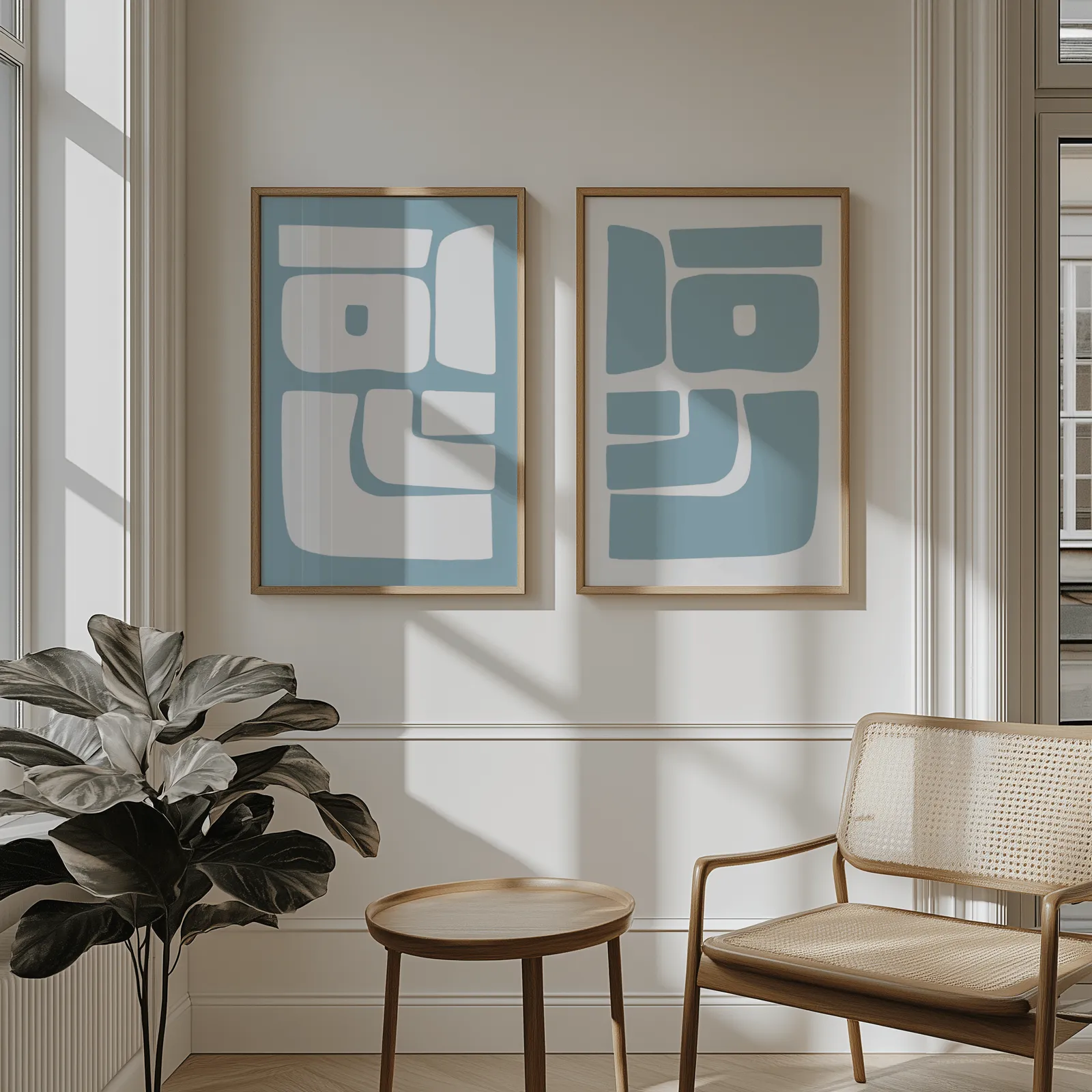 blue abstract minimalist wall art set of 2, above wainscoting beside a cane armchair and fiddle-leaf fig