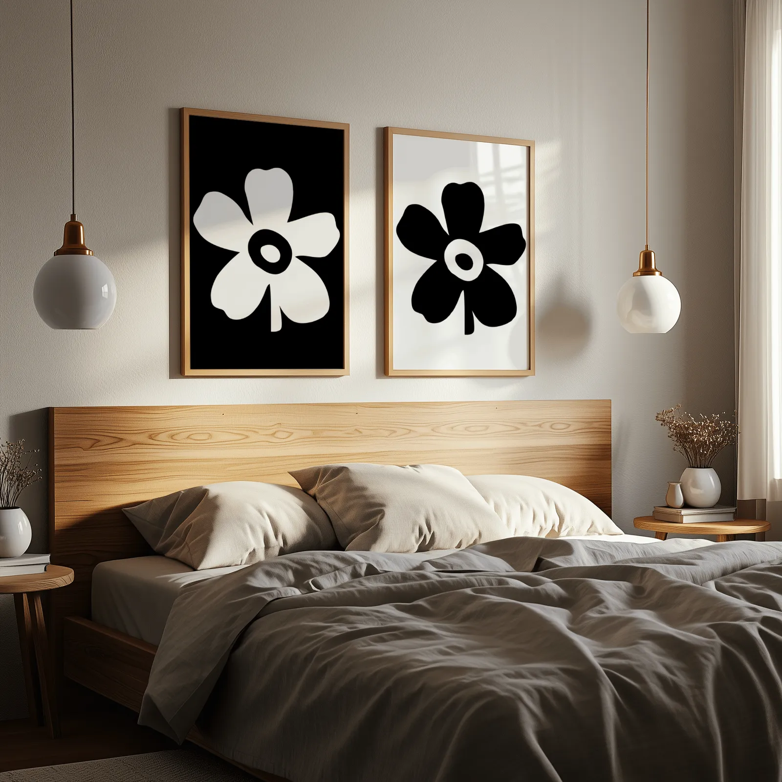 black and white floral wall art set of 2, above a wooden headboard flanked by globe pendant lights