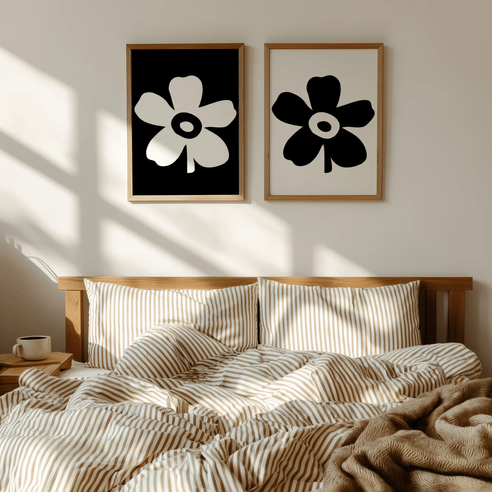 black and white floral wall art set of 2, above a wooden headboard with striped bedding and raking sunlight