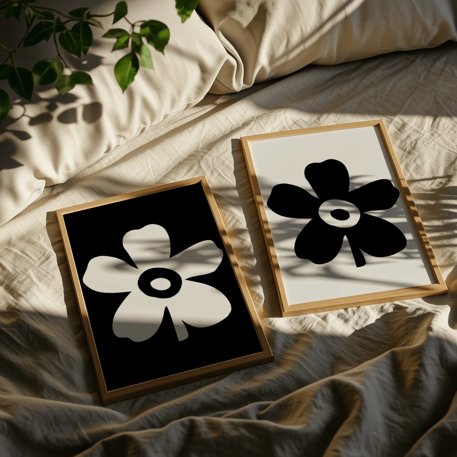 black and white floral wall art set of 2, resting on rumpled linen sheets with dappled leaf shadows