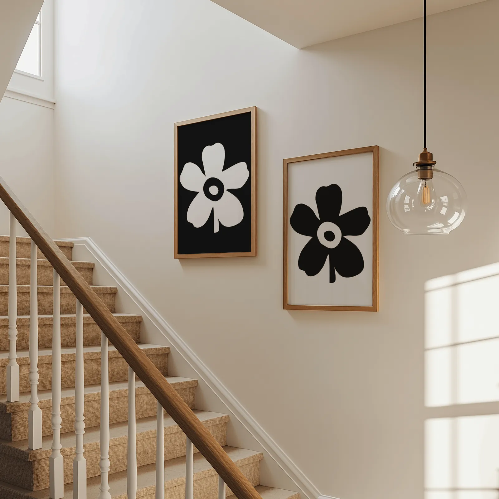 black and white floral wall art set of 2, beside a carpeted staircase under a glass pendant light