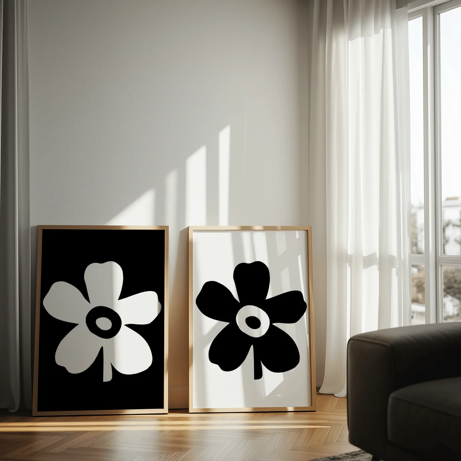 black and white floral wall art set of 2, leaning against a sunlit wall by sheer curtains