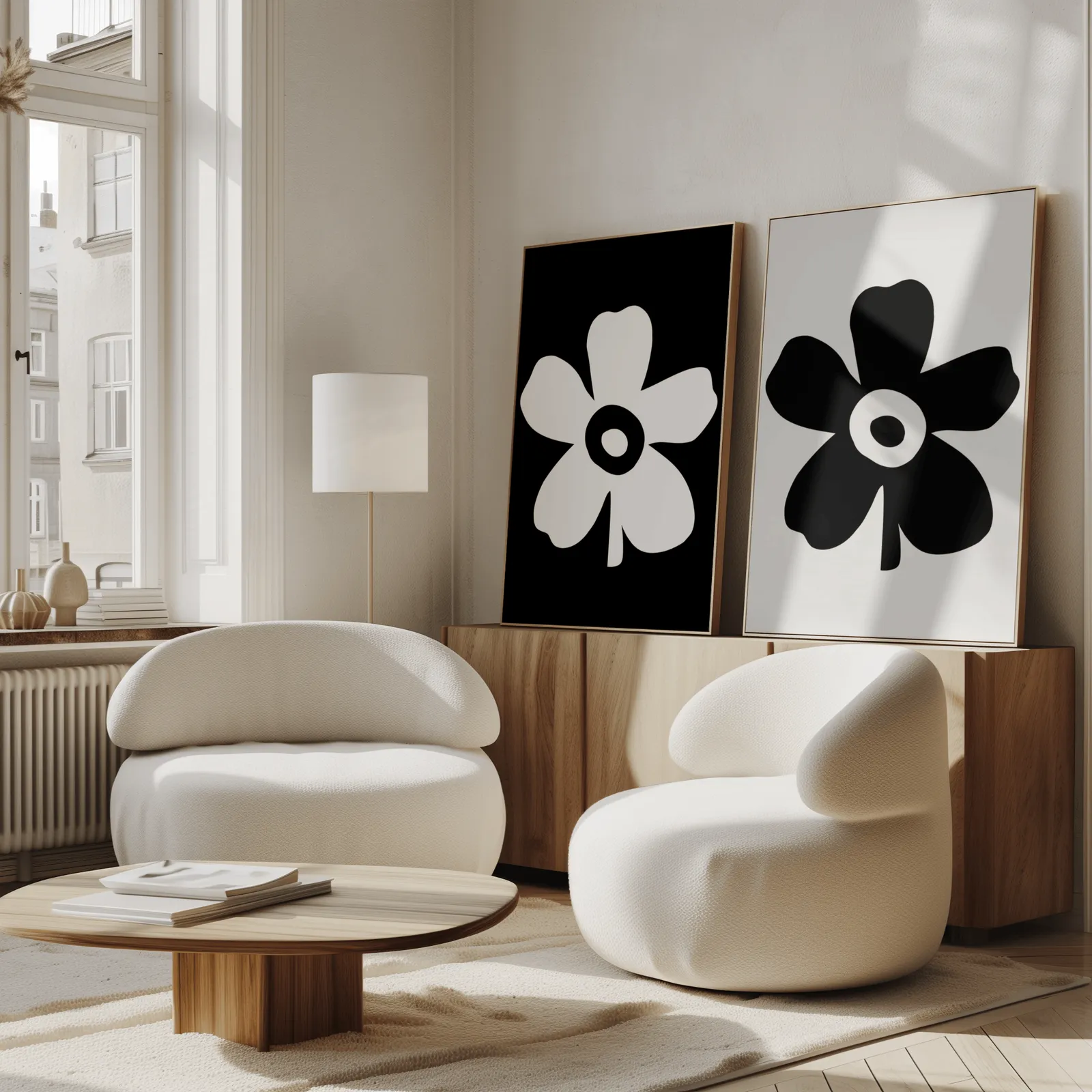 black and white floral wall art set of 2, propped against a wooden sideboard beside boucle armchairs