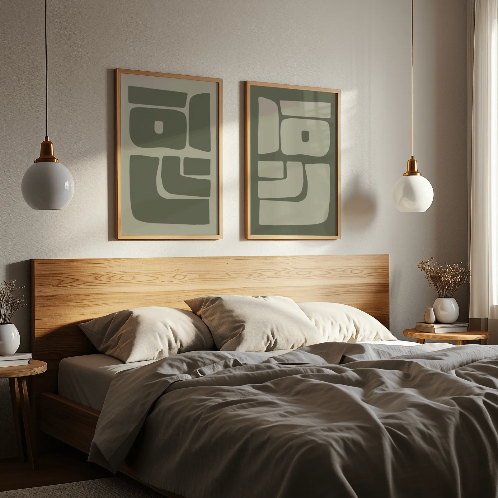 green abstract minimalist wall art set of two, above a wooden headboard flanked by globe pendant lights