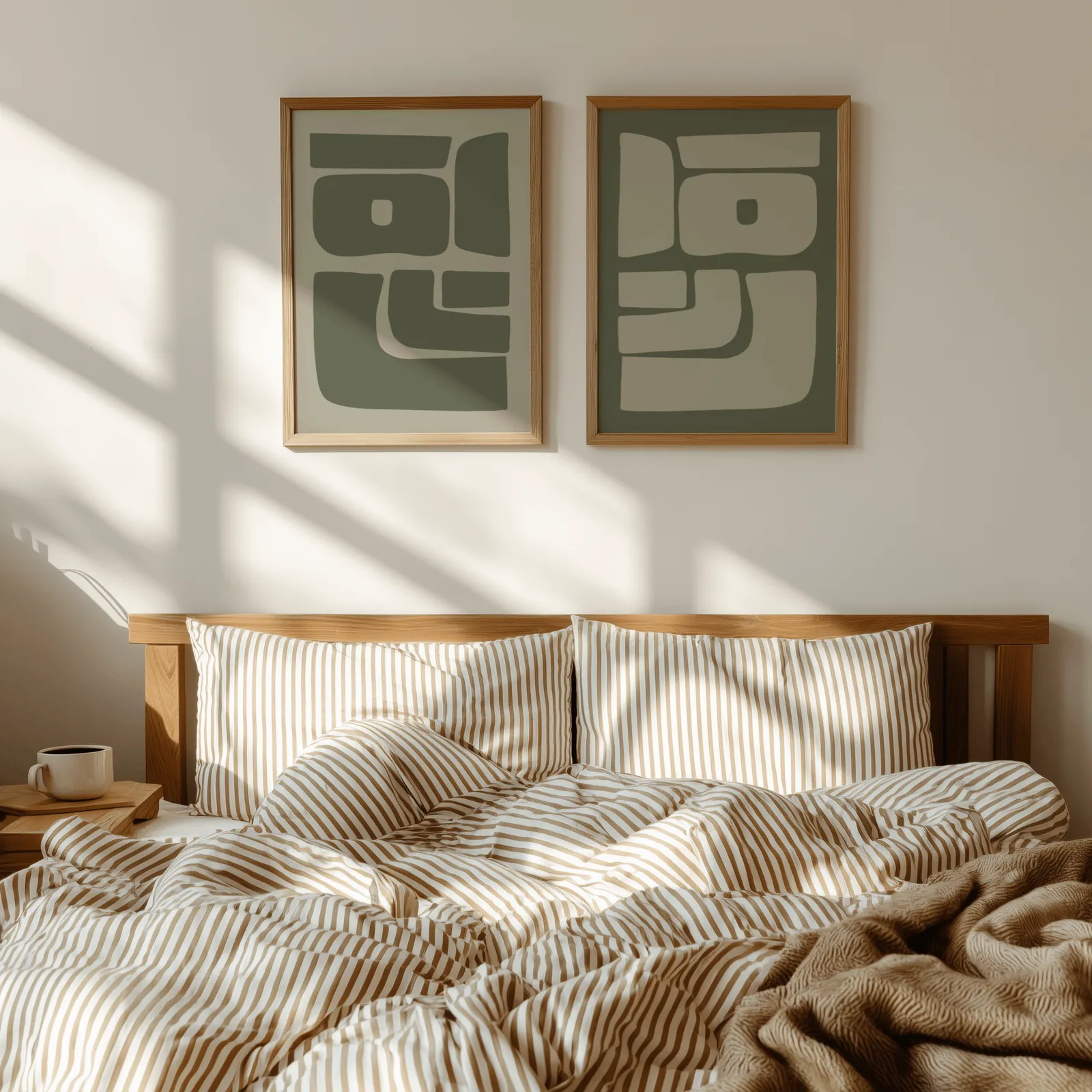 green abstract minimalist wall art set of two, above a wooden headboard with striped bedding and raking sunlight