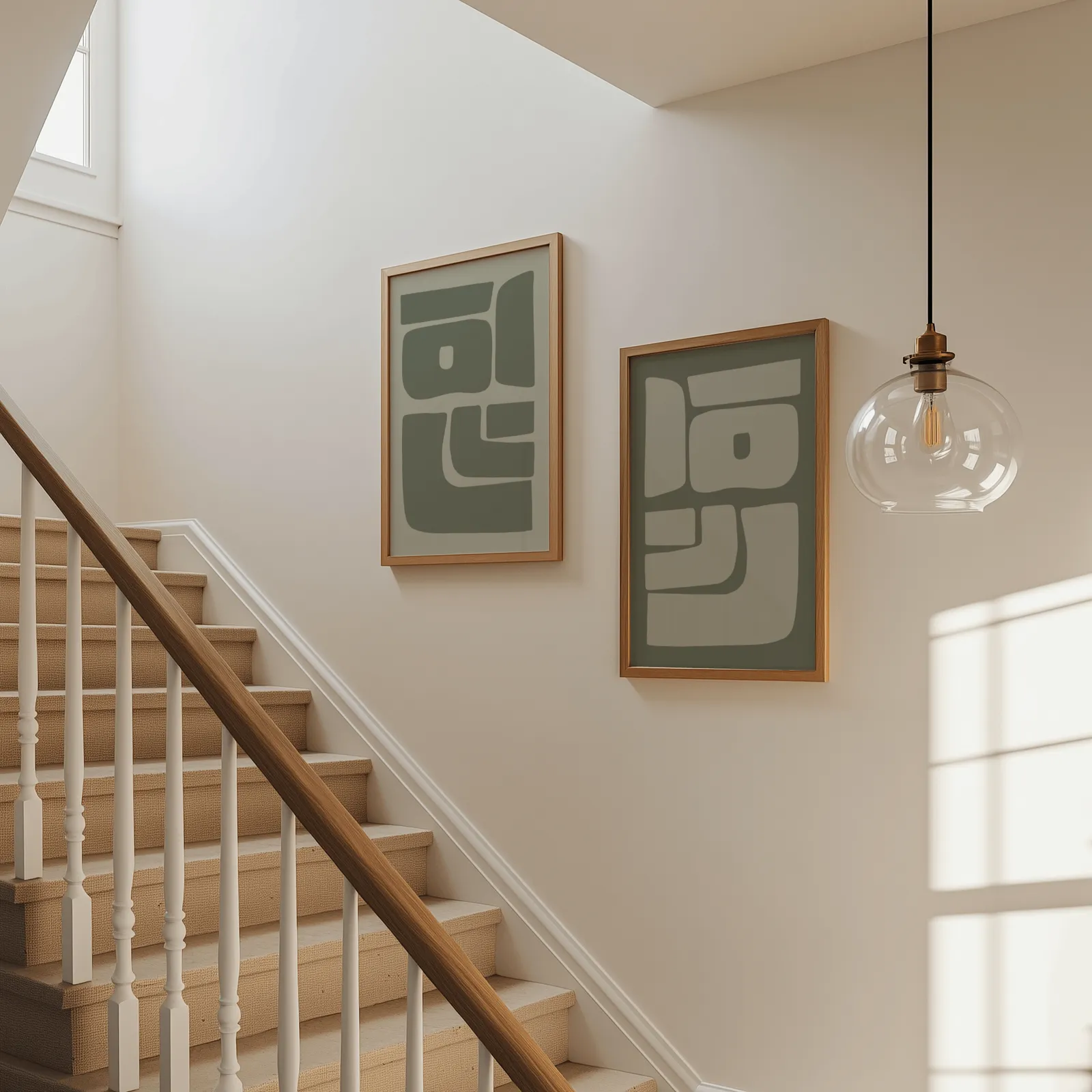 green abstract minimalist wall art set of two, beside a carpeted staircase under a glass pendant light