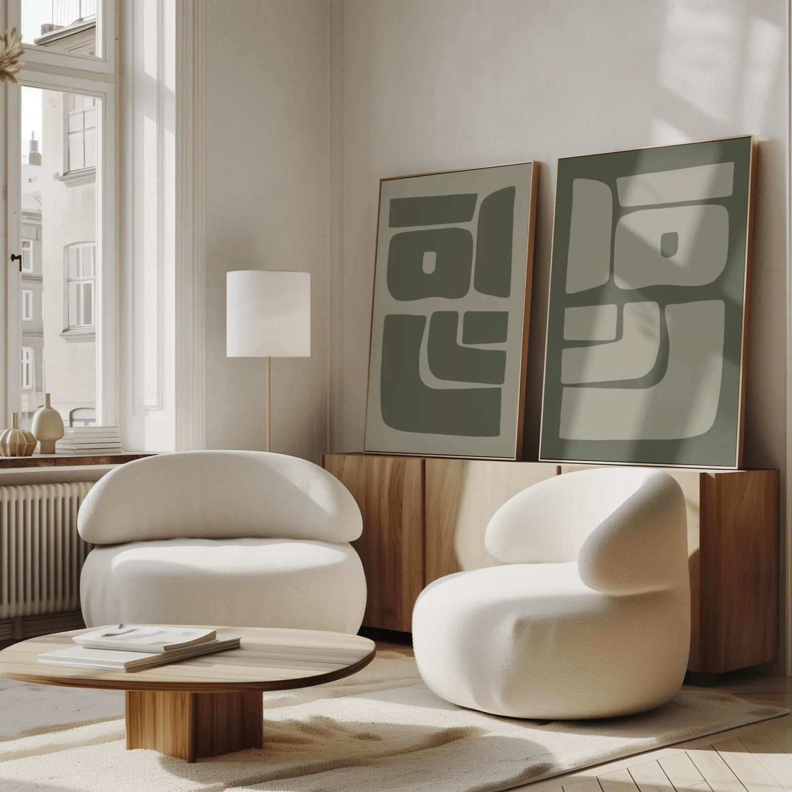 green abstract minimalist wall art set of two, propped against a wooden sideboard beside boucle armchairs