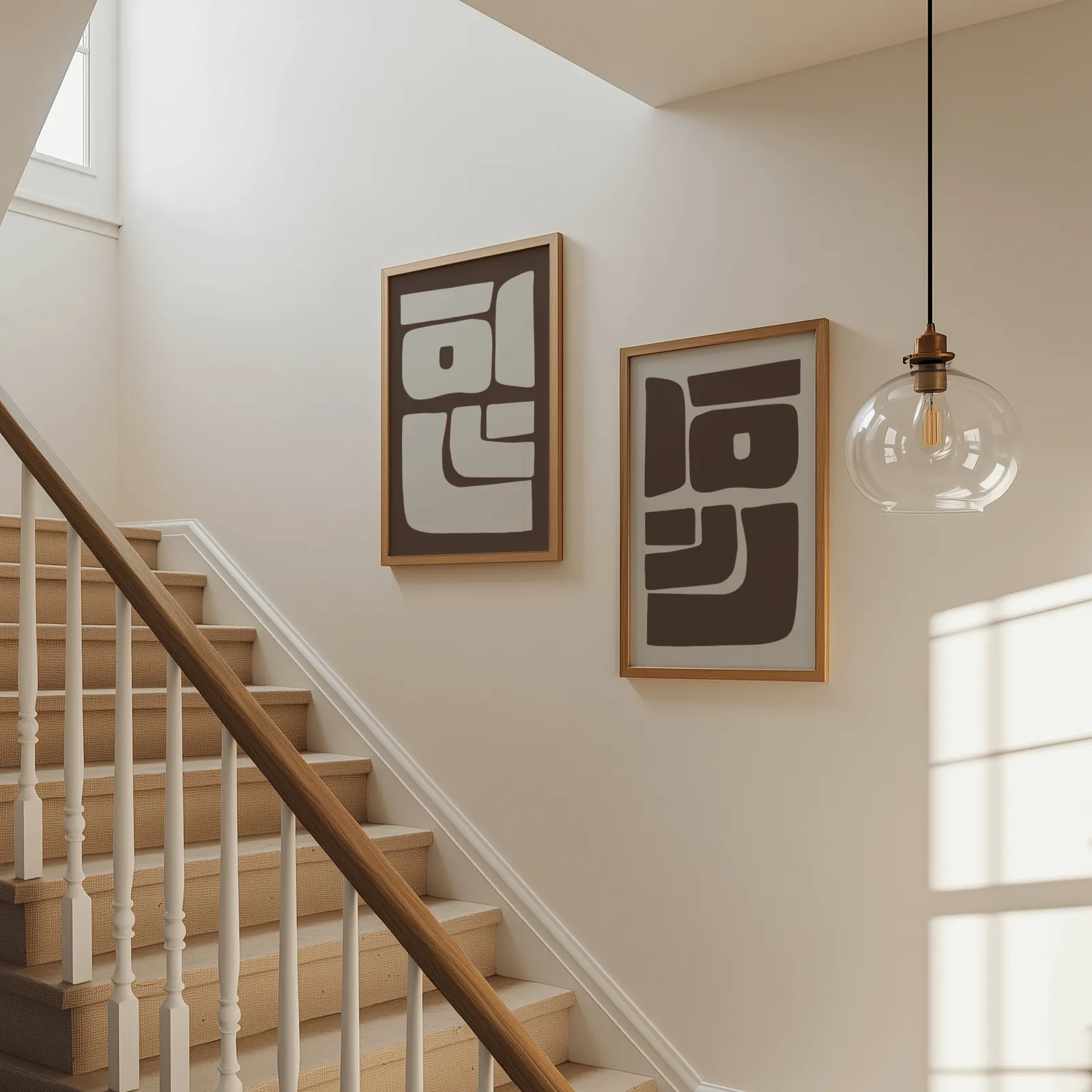 brown beige abstract mid-century wall art set of 2, beside a carpeted staircase under a glass pendant light