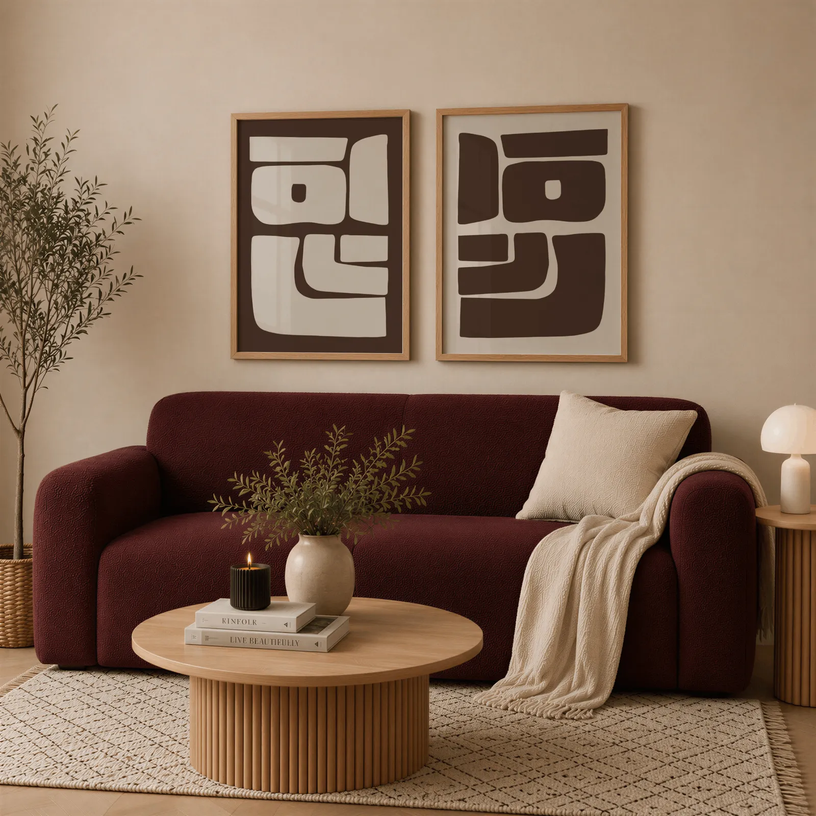 brown beige abstract mid-century wall art set of 2, above a deep burgundy boucle sofa with cream throw