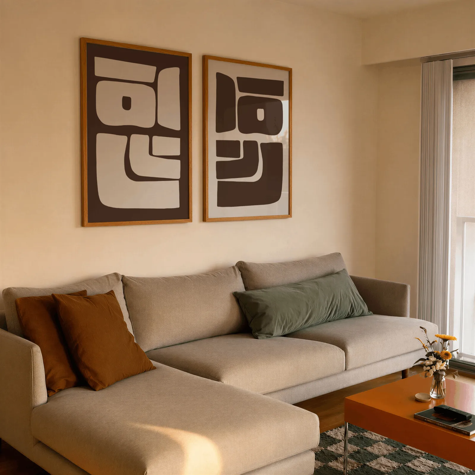 brown beige abstract mid-century wall art set of 2, side by side above a beige sectional sofa