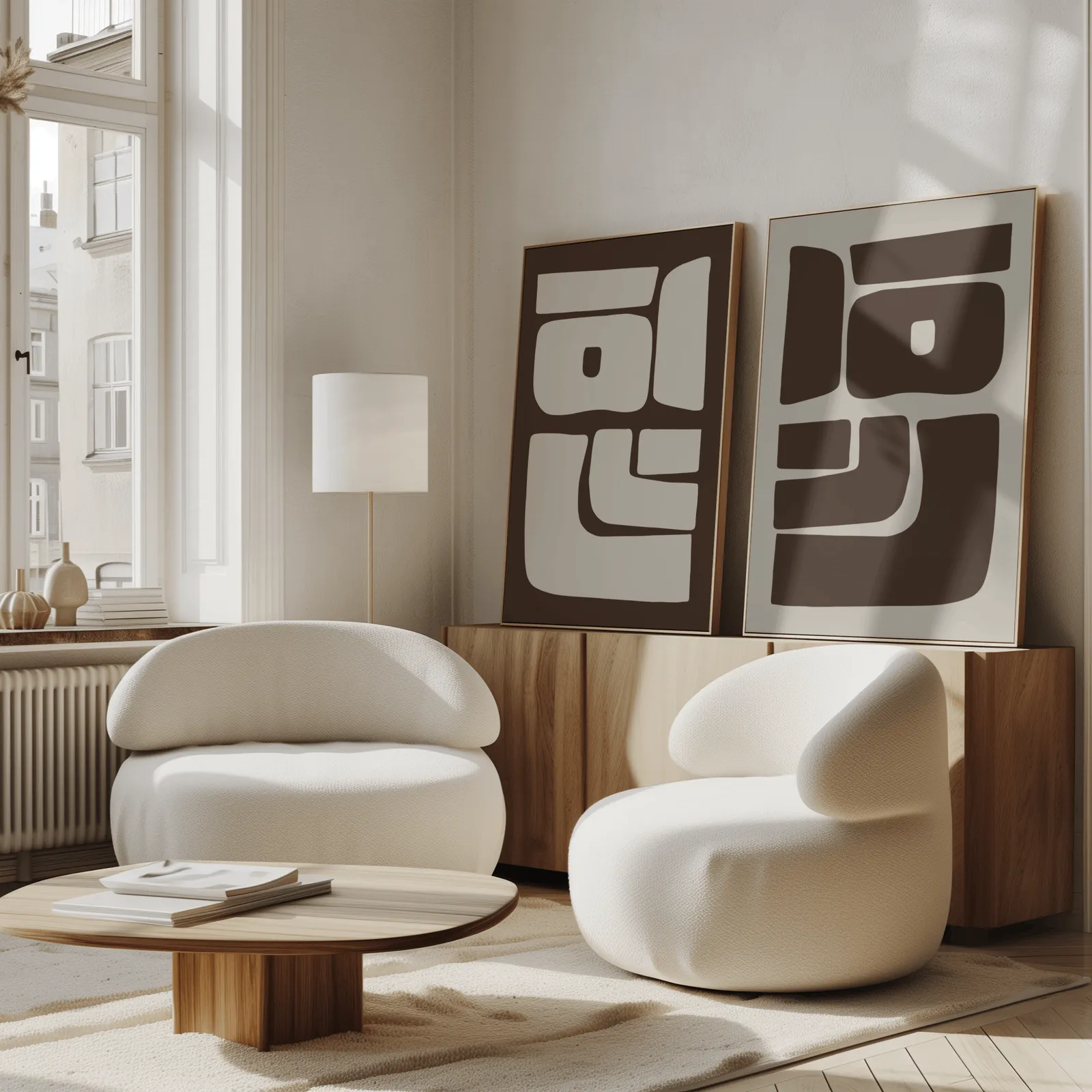 brown beige abstract mid-century wall art set of 2, propped against a wooden sideboard beside boucle armchairs