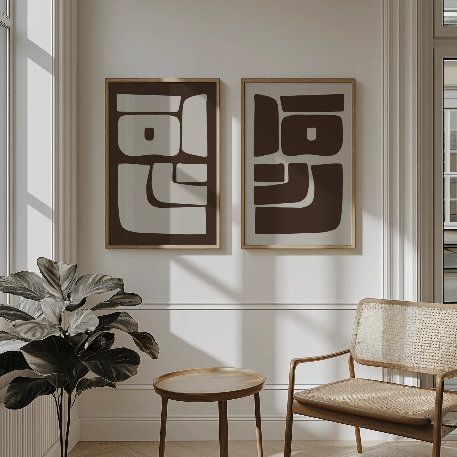 brown beige abstract mid-century wall art set of 2, above wainscoting beside a cane armchair and fiddle-leaf fig