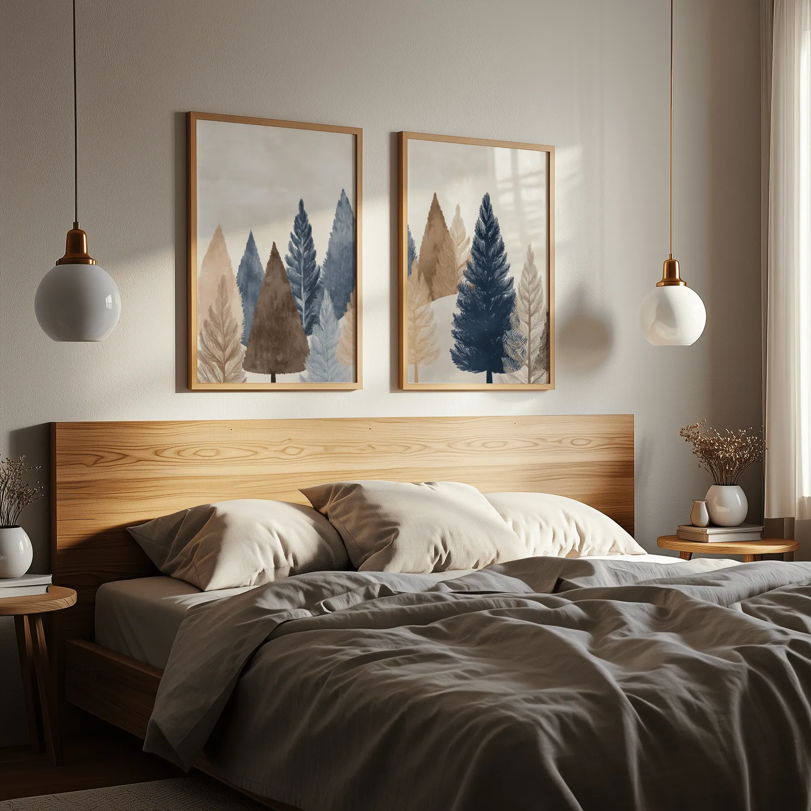 blue and brown pine tree wall art set of two, above a wooden headboard flanked by globe pendant lights