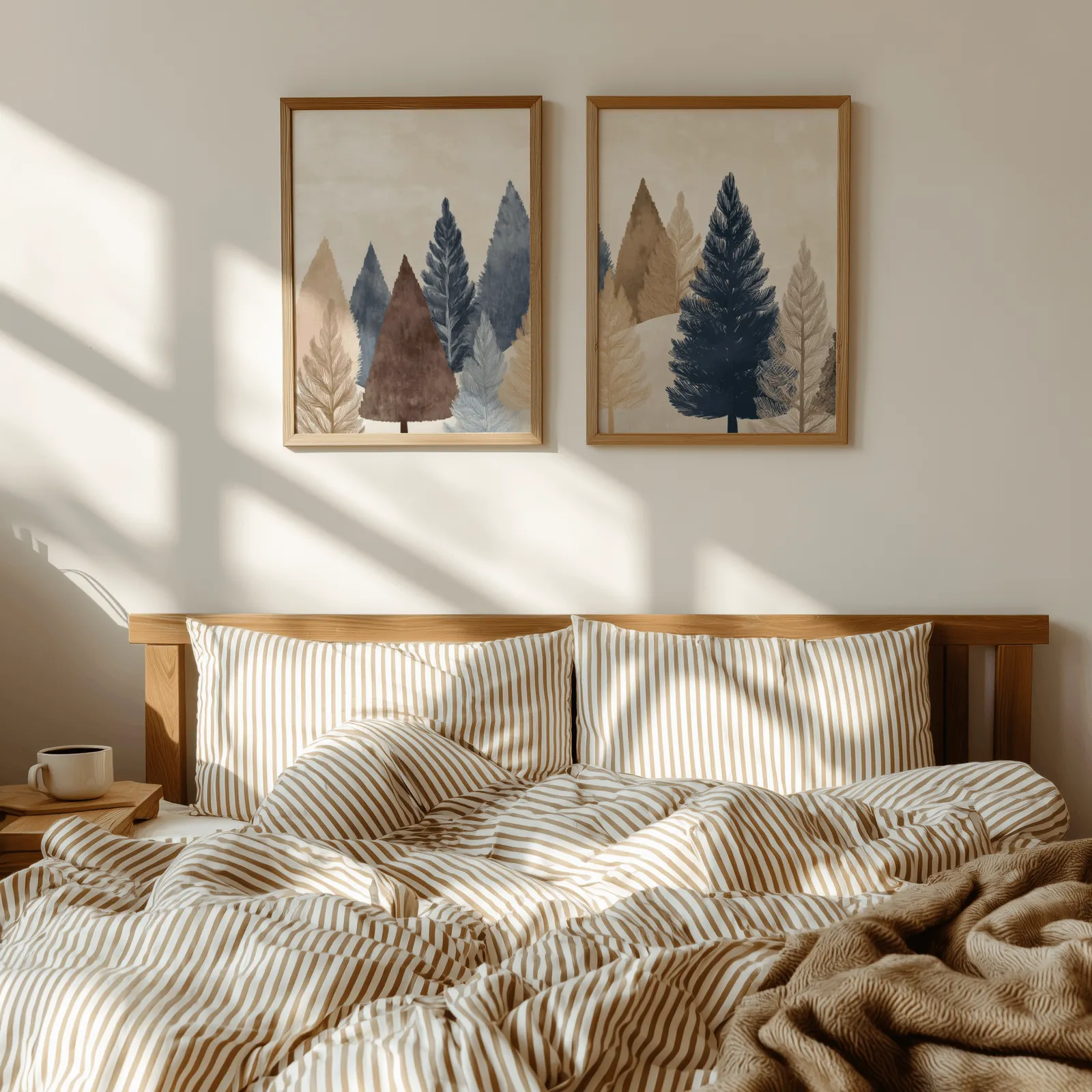 blue and brown pine tree wall art set of two, above a wooden headboard with striped bedding and raking sunlight