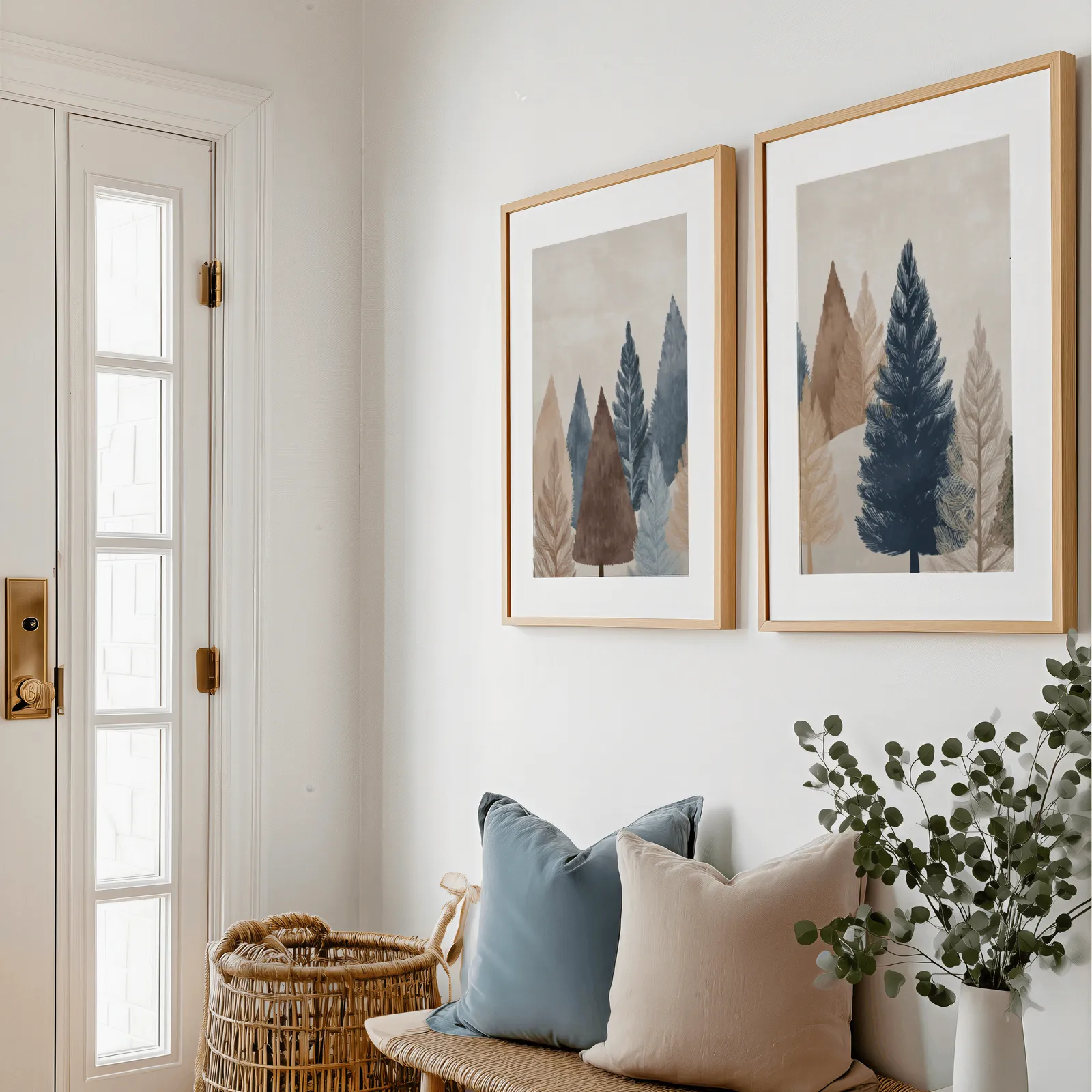 blue and brown pine tree wall art set of two, above a bench with blue and blush pillows near the entry door