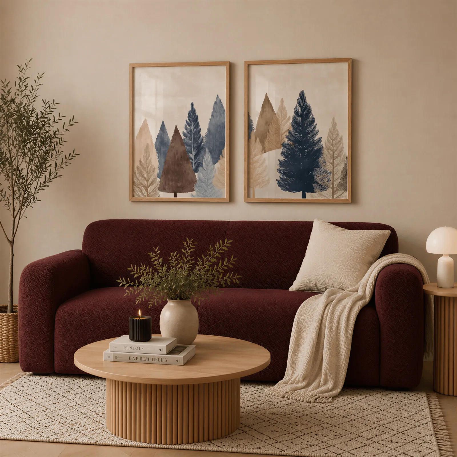 blue and brown pine tree wall art set of two, above a deep burgundy boucle sofa with cream throw