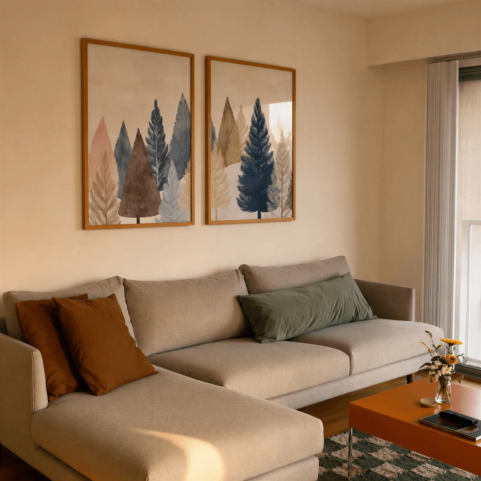 blue and brown pine tree wall art set of two, side by side above a beige sectional sofa