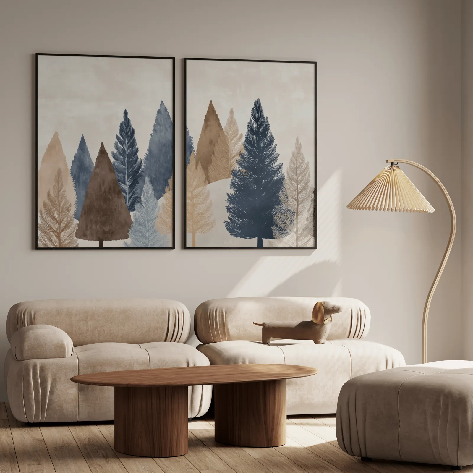blue and brown pine tree wall art set of two, above a plush beige sofa with a pleated lamp nearby