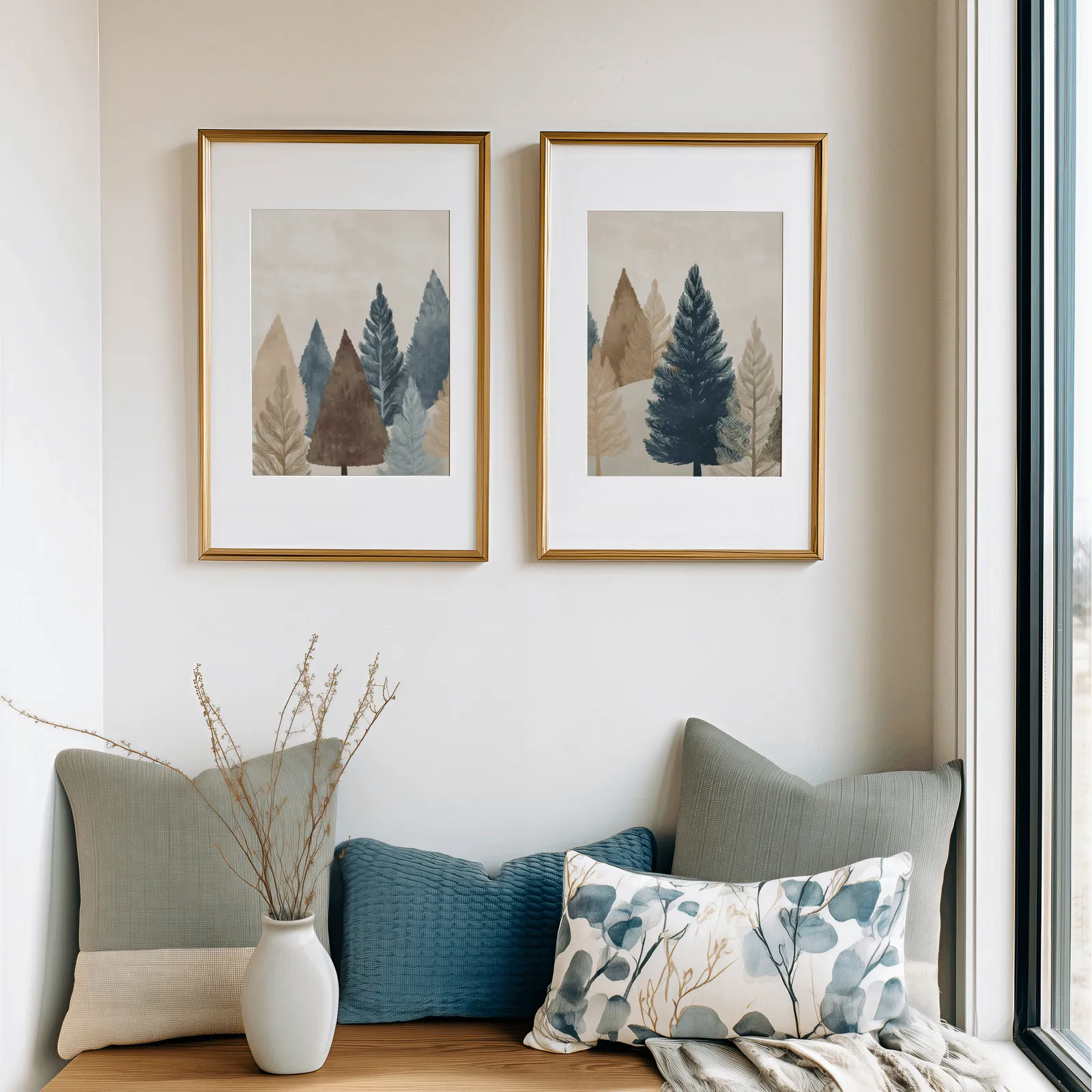 blue and brown pine tree wall art set of two, above a cushioned window seat with sage and blue pillows