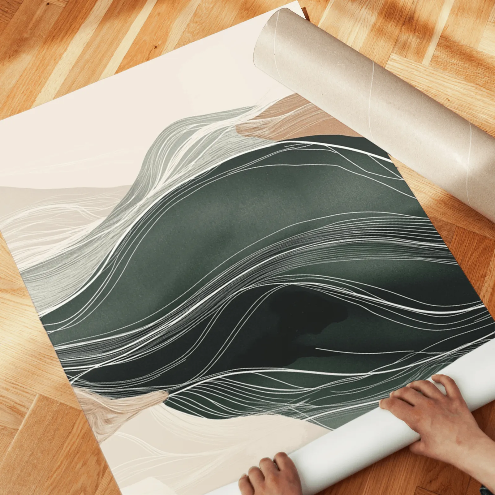 green and beige abstract landscape triptych wall art, unrolled across a herringbone wood floor by hand