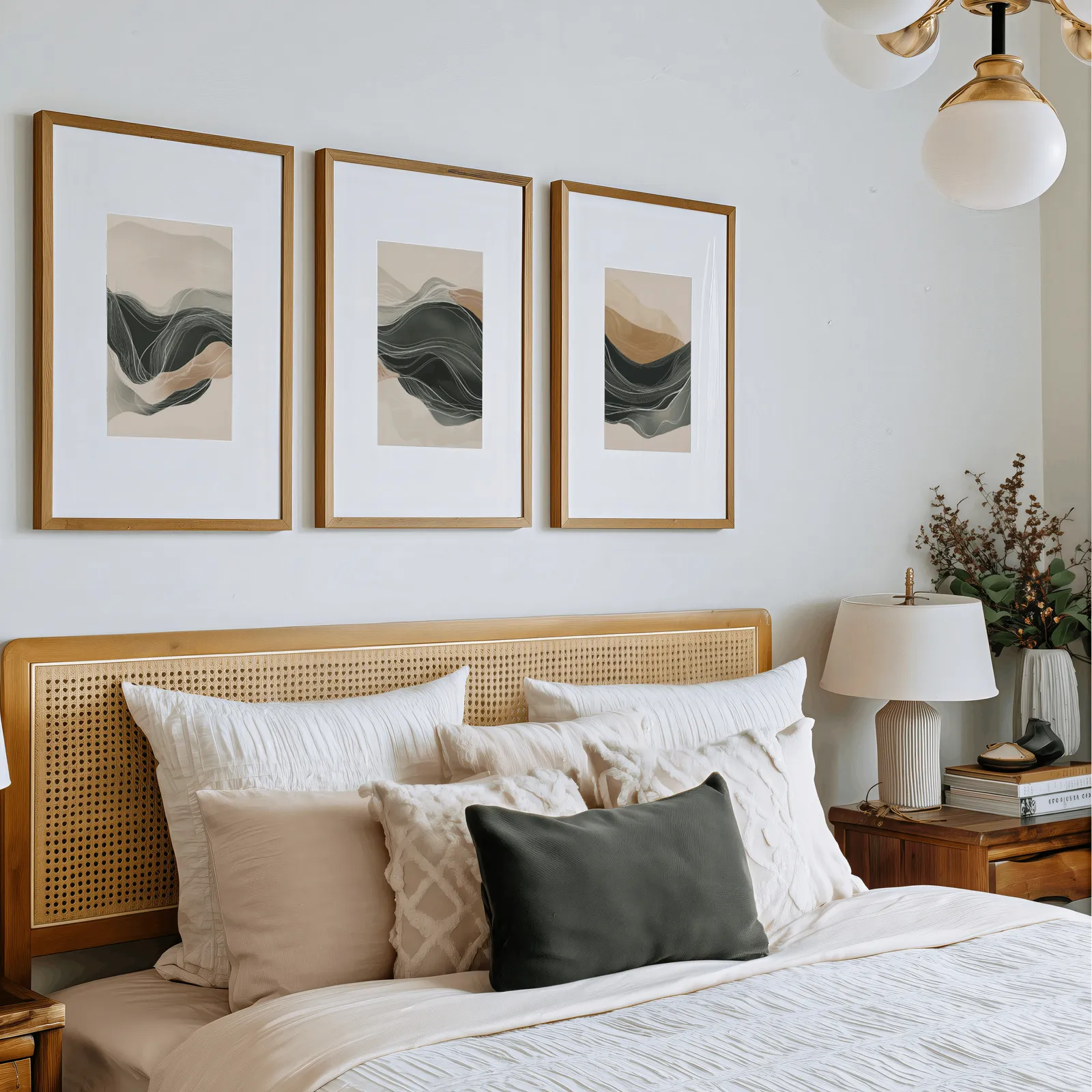 green and beige abstract landscape triptych wall art, above a rattan headboard piled with pillows