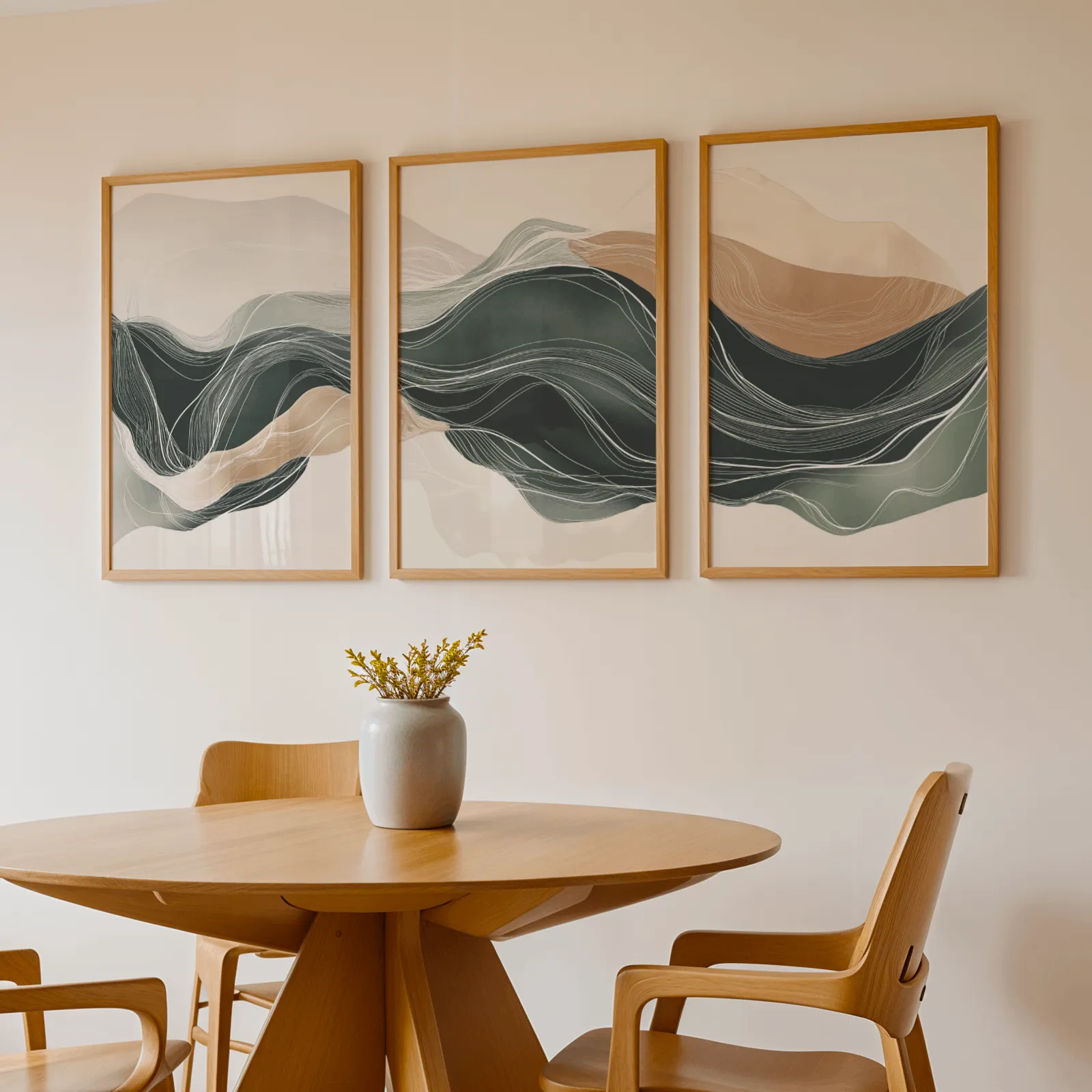 green and beige abstract landscape triptych wall art, above a round wooden table with a stoneware vase