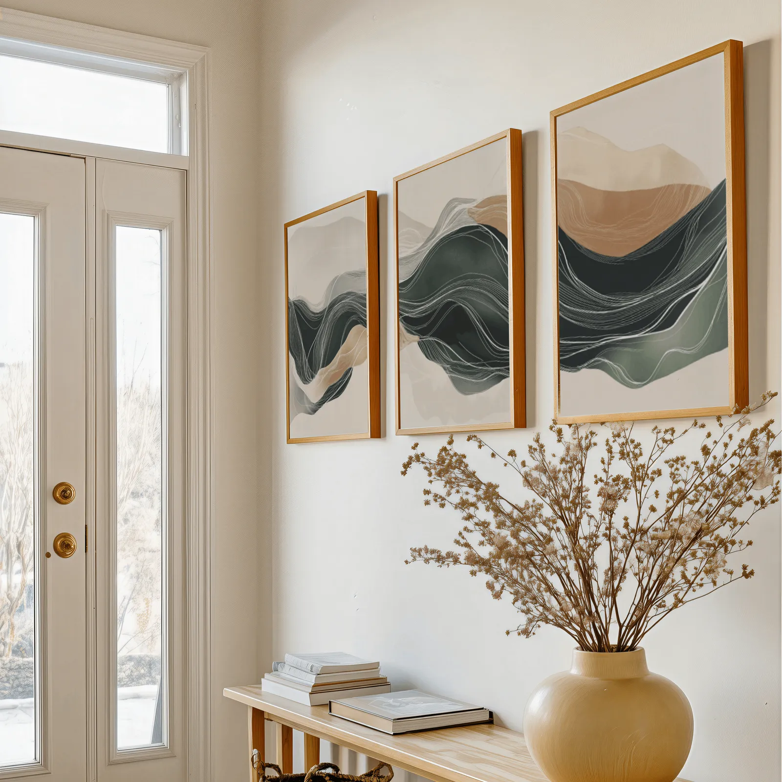 green and beige abstract landscape triptych wall art, above a console table with a yellow vase of dried branches