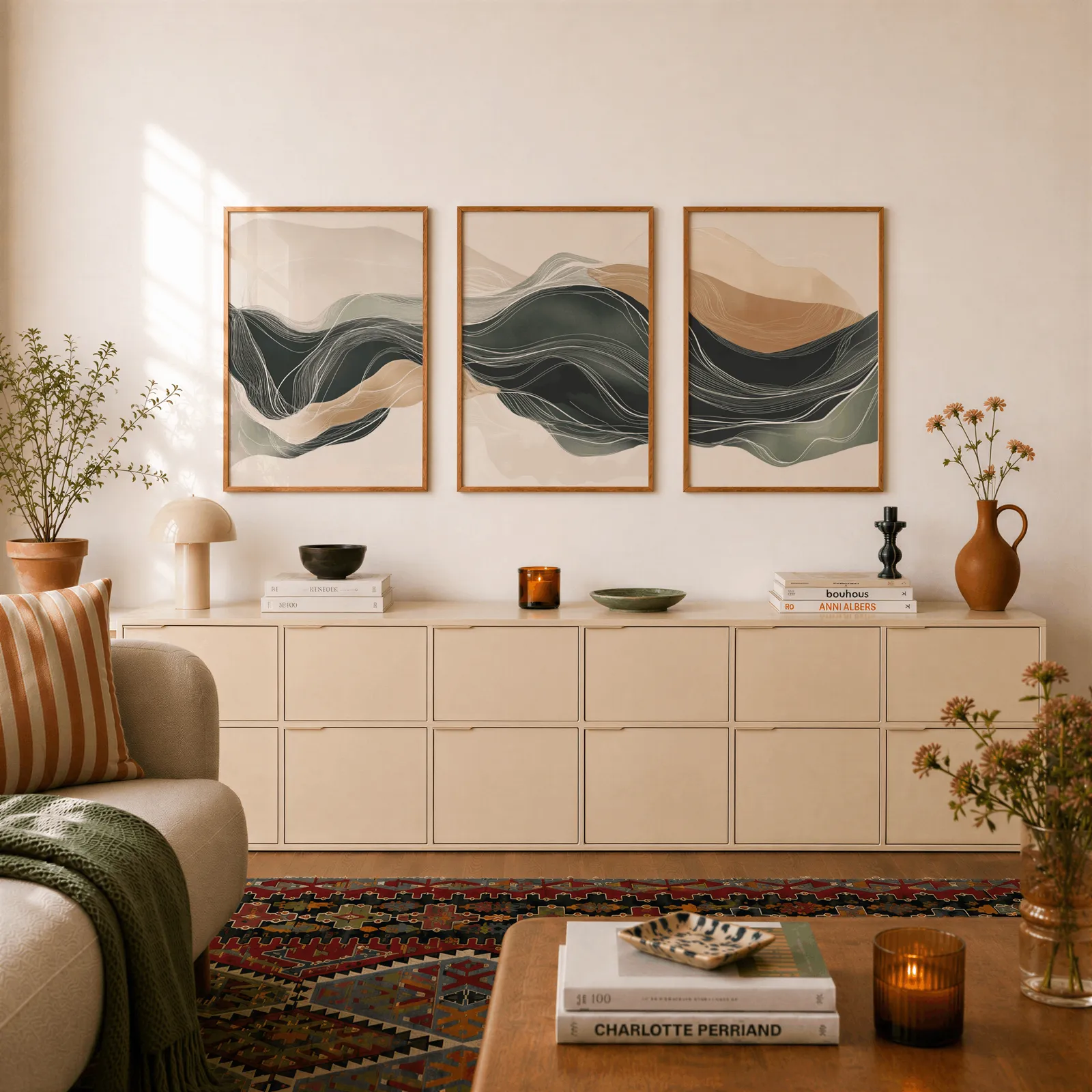 green and beige abstract landscape triptych wall art, above a long cream sideboard topped with books and a terracotta jug