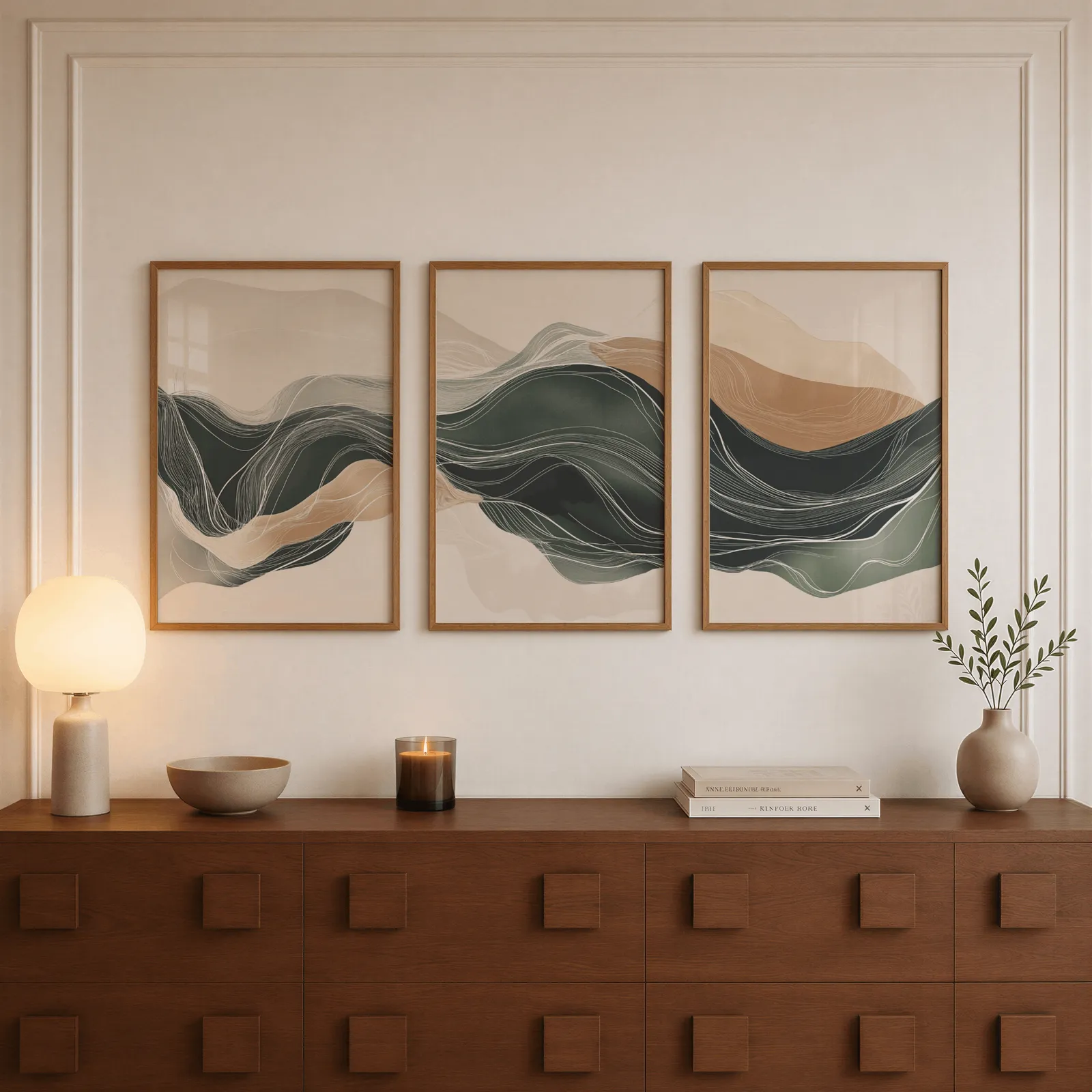 green and beige abstract landscape triptych wall art, above a walnut sideboard with a lit candle and glowing lamp