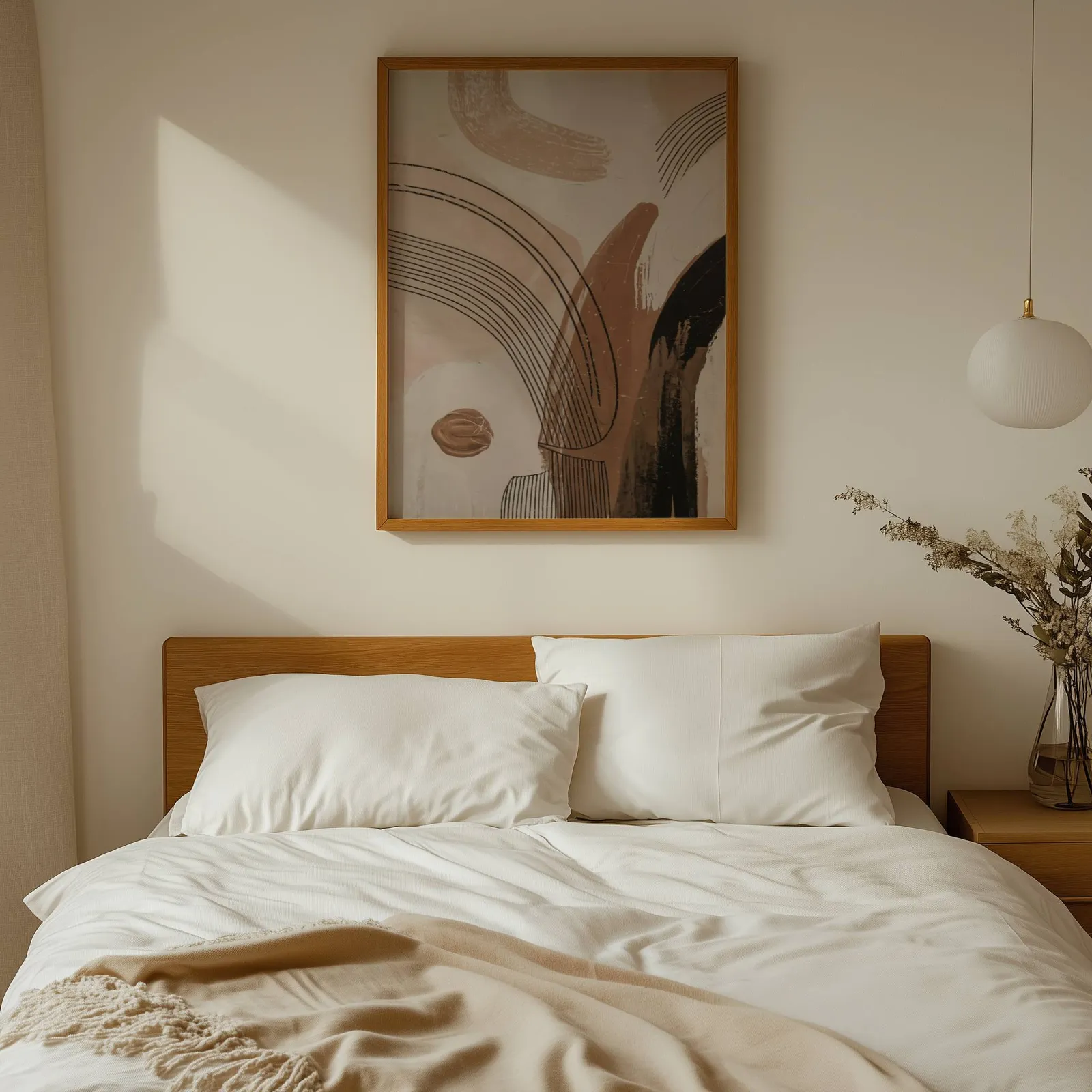 terracotta abstract line art with black brushstrokes, above a wooden headboard with white linen pillows