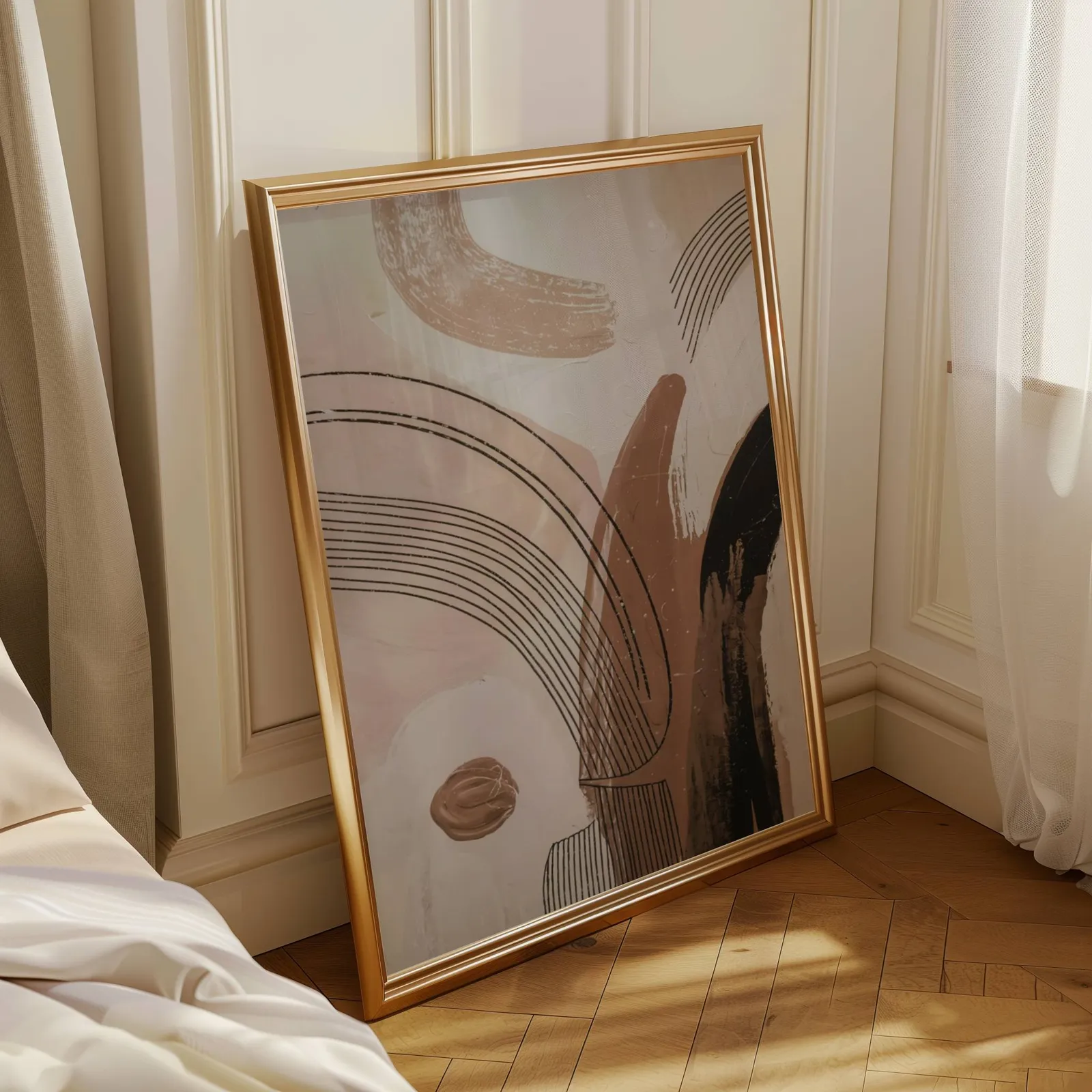 terracotta abstract line art with black brushstrokes, leaning in a sunlit corner beside sheer curtains and herringbone floor