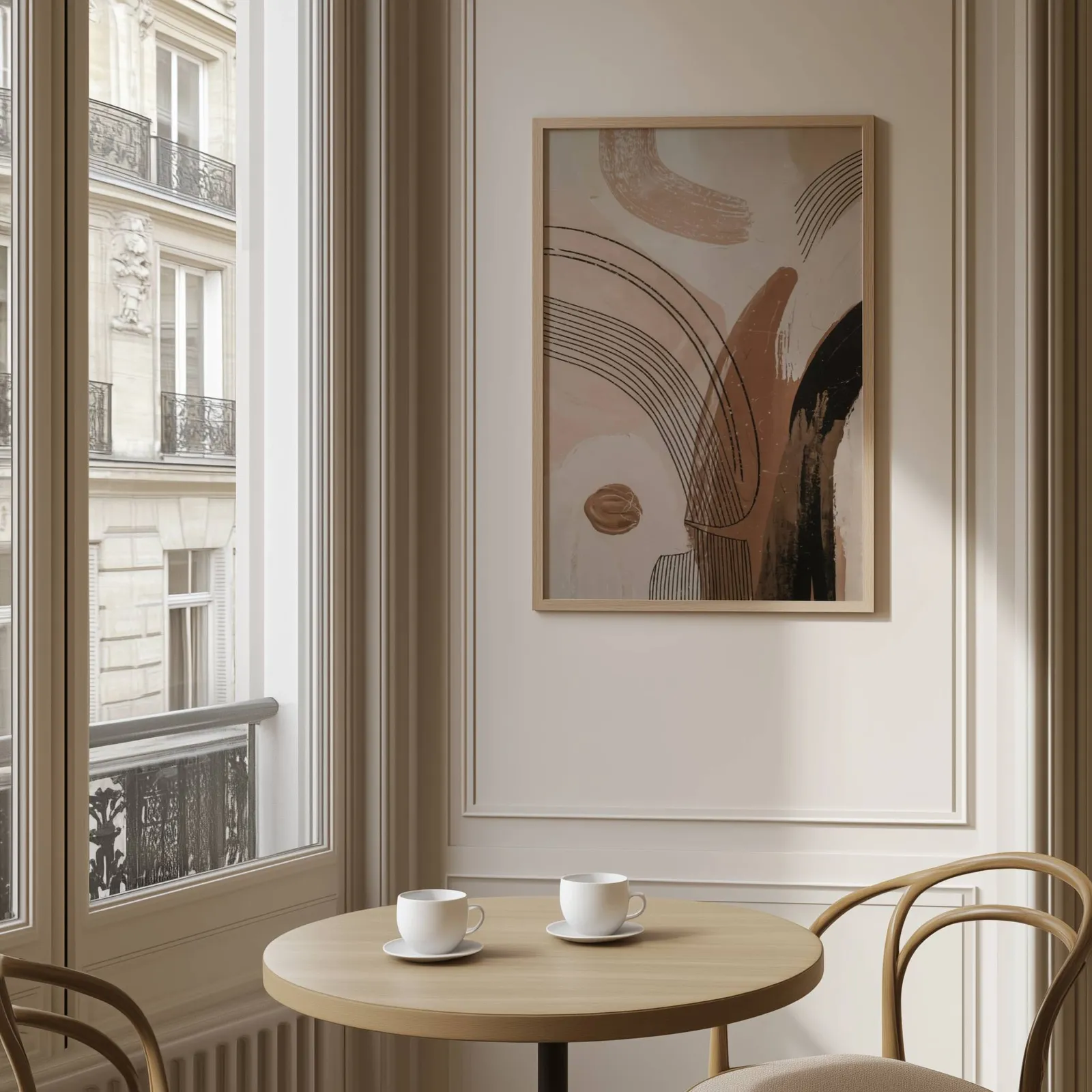 terracotta abstract line art with black brushstrokes, above a round café table set with two coffee cups