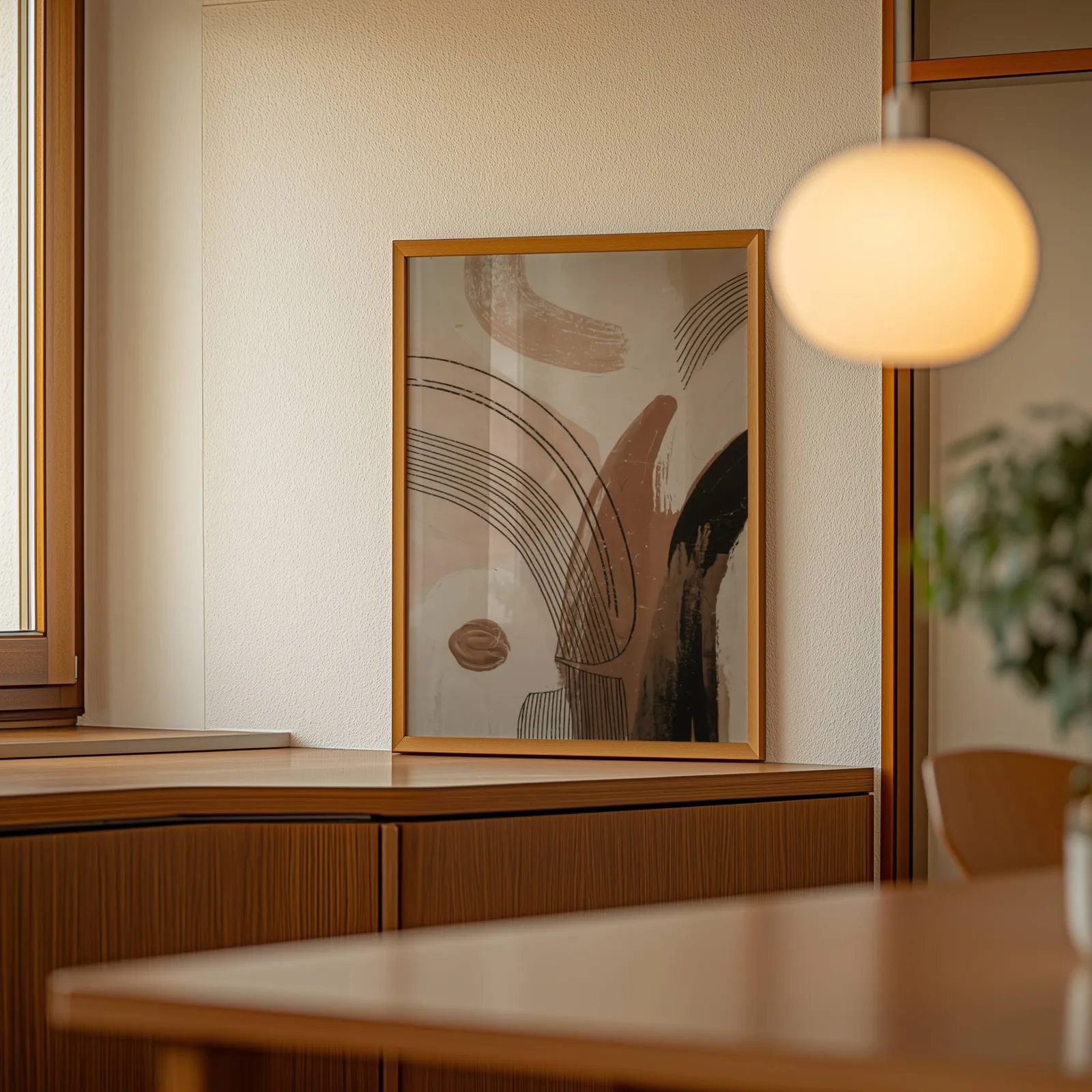 terracotta abstract line art with black brushstrokes, leaning on a wooden sideboard beside a glowing globe pendant