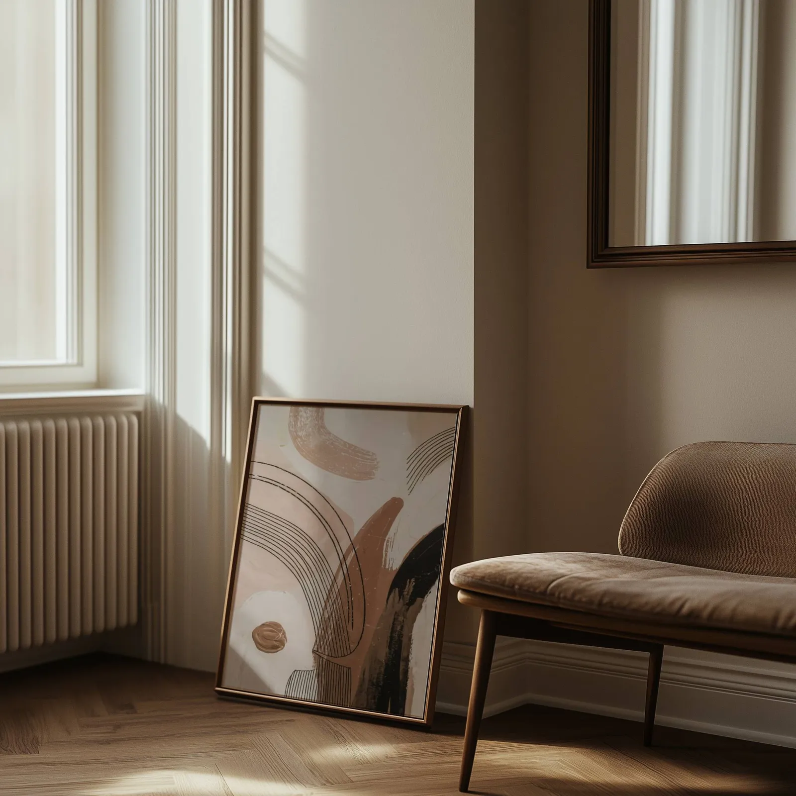 terracotta abstract line art with black brushstrokes, leaning against the wall beside a sunlit radiator and herringbone floor