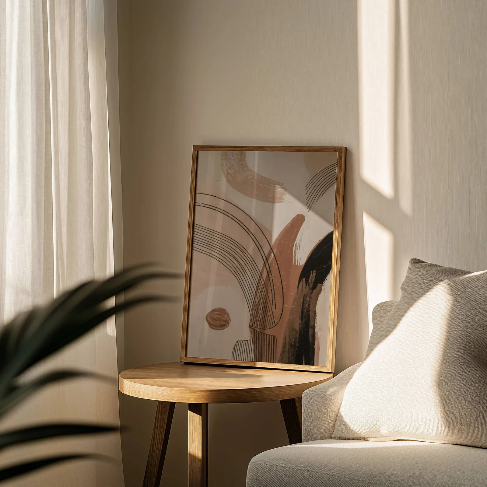 terracotta abstract line art with black brushstrokes, leaning on a round wooden side table by a sheer curtain