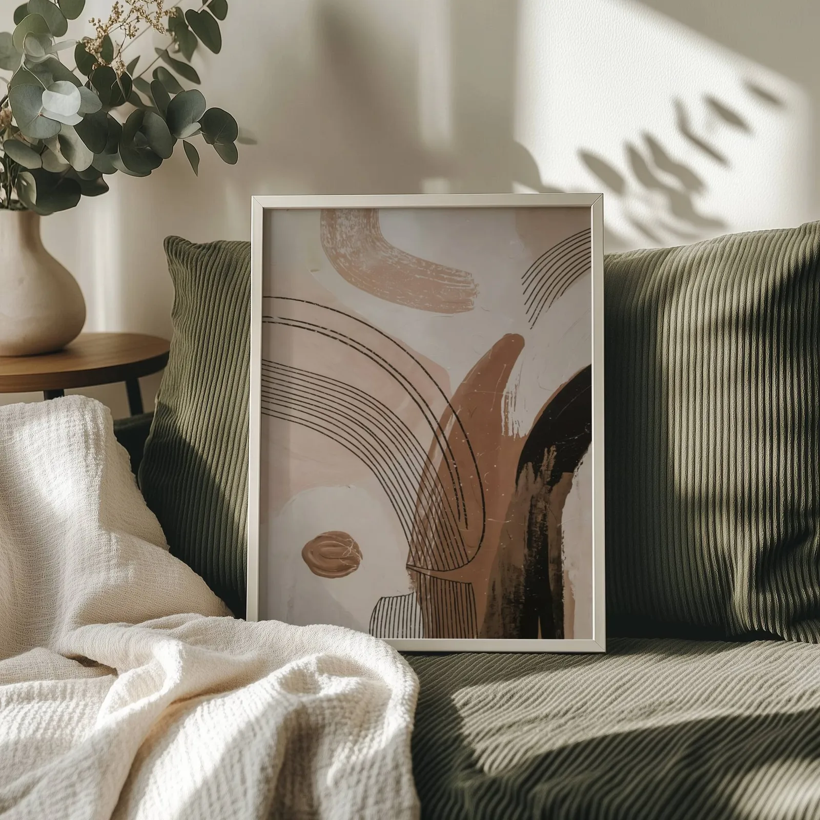 terracotta abstract line art with black brushstrokes, propped on an olive corduroy sofa beside a eucalyptus vase
