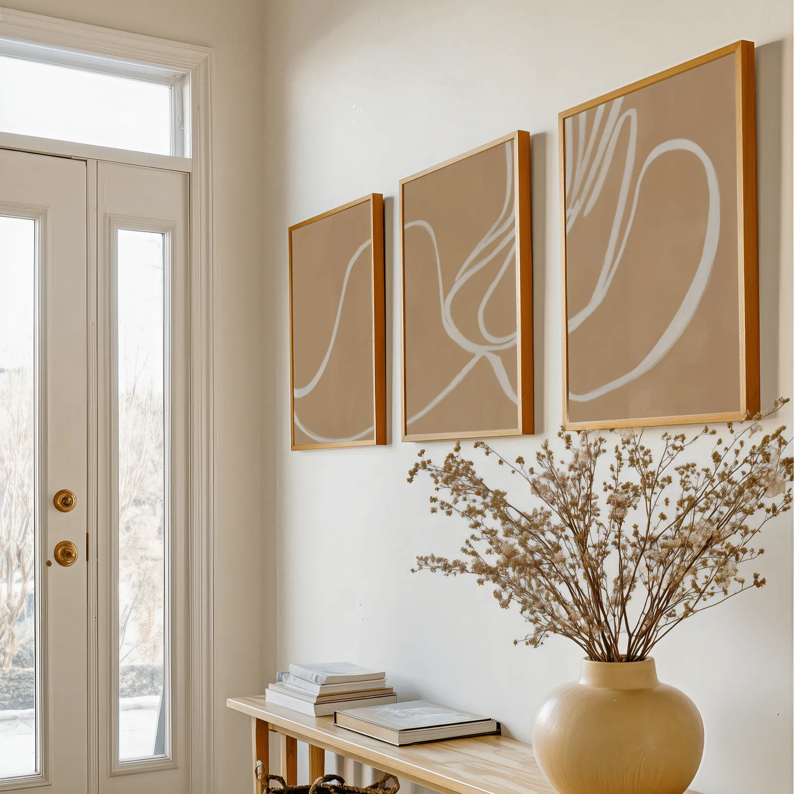 beige abstract minimalist wall art set of three, above a console table with a yellow vase of dried branches