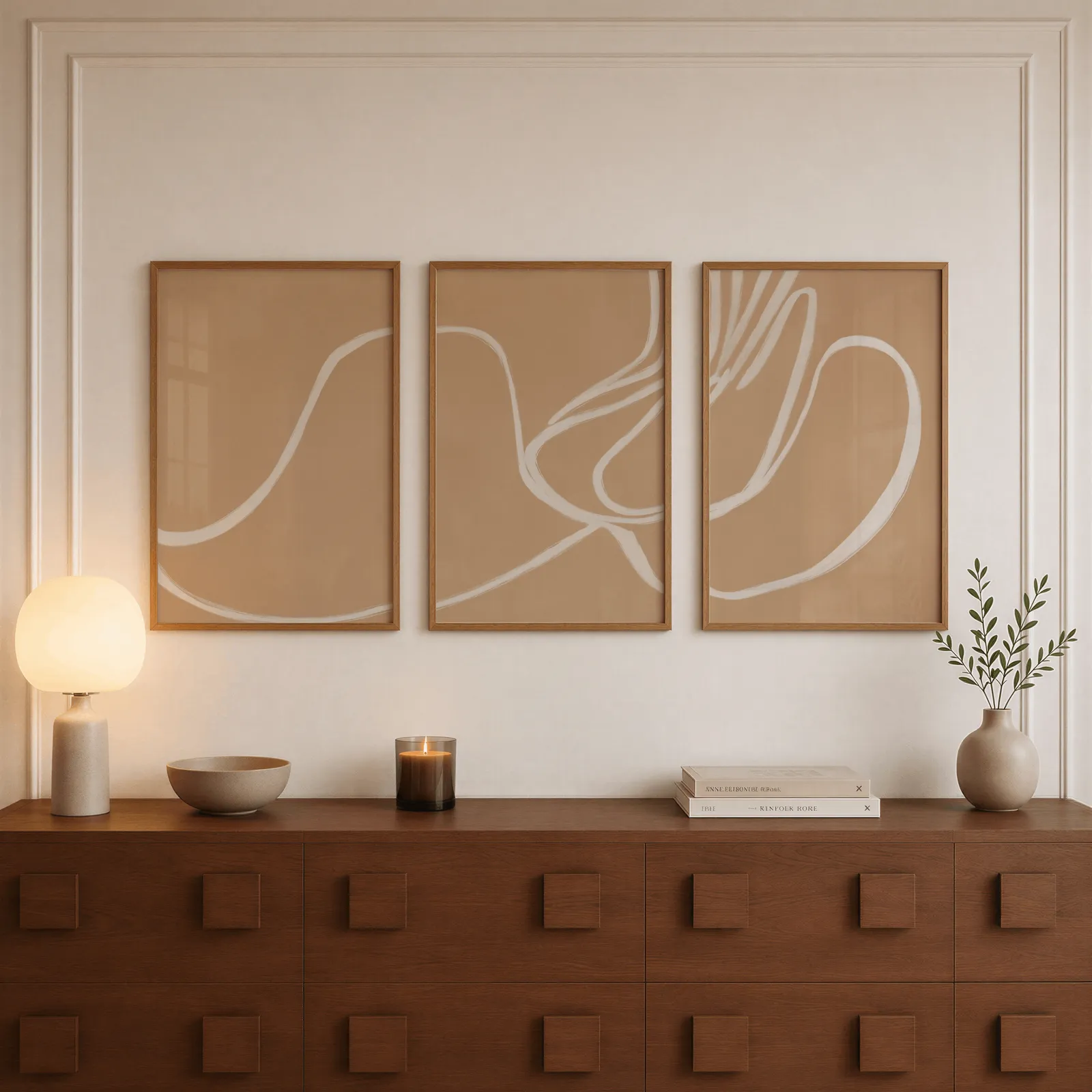 beige abstract minimalist wall art set of three, above a walnut sideboard with a lit candle and glowing lamp