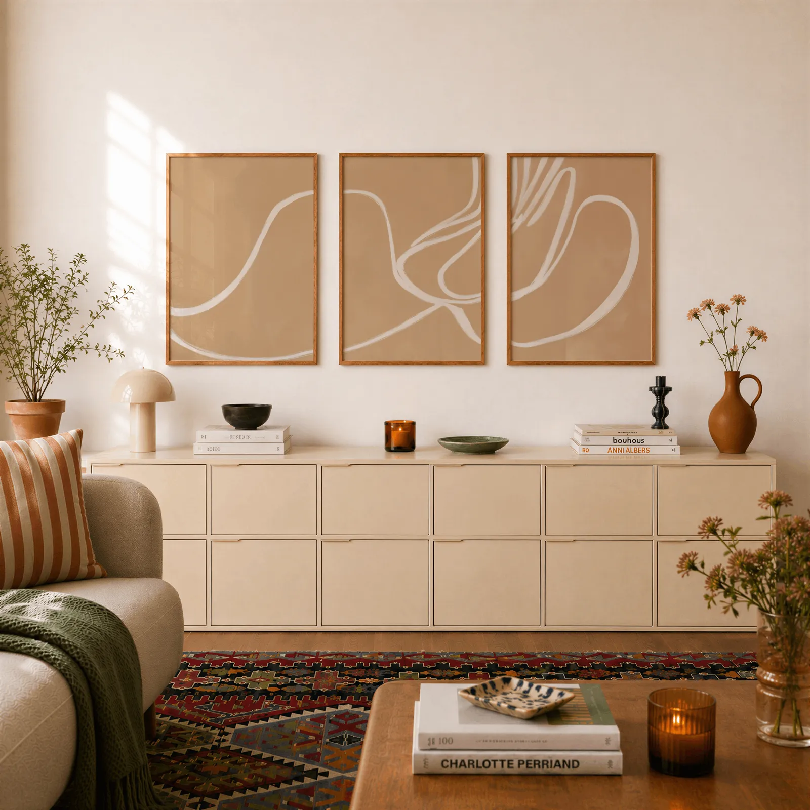 beige abstract minimalist wall art set of three, above a long cream sideboard topped with books and a terracotta jug