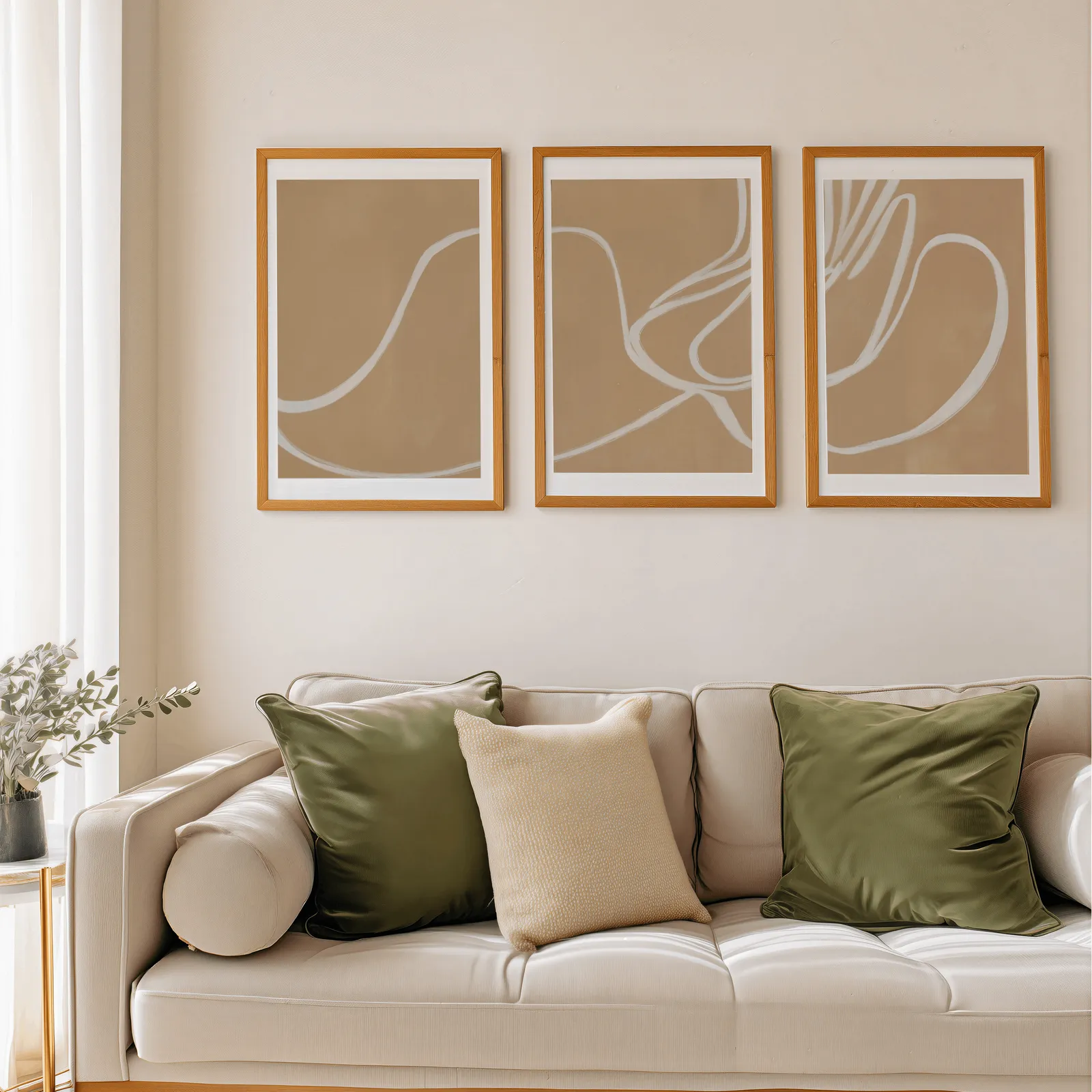 beige abstract minimalist wall art set of three, above a beige sofa piled with olive green cushions