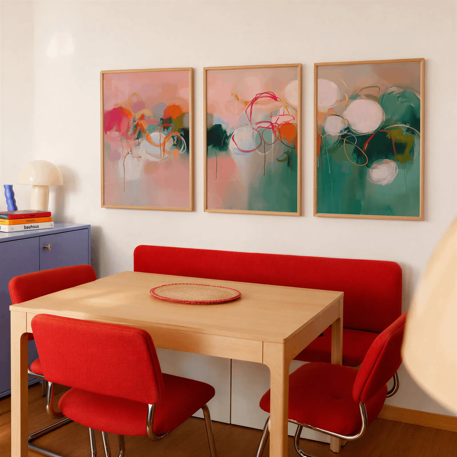 colorful abstract triptych wall art in pink and green, above a red banquette bench beside a lavender cabinet