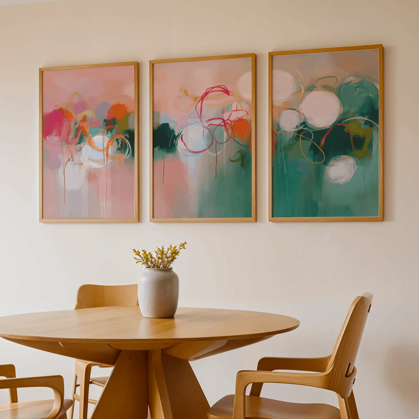 colorful abstract triptych wall art in pink and green, above a round wooden table with a stoneware vase