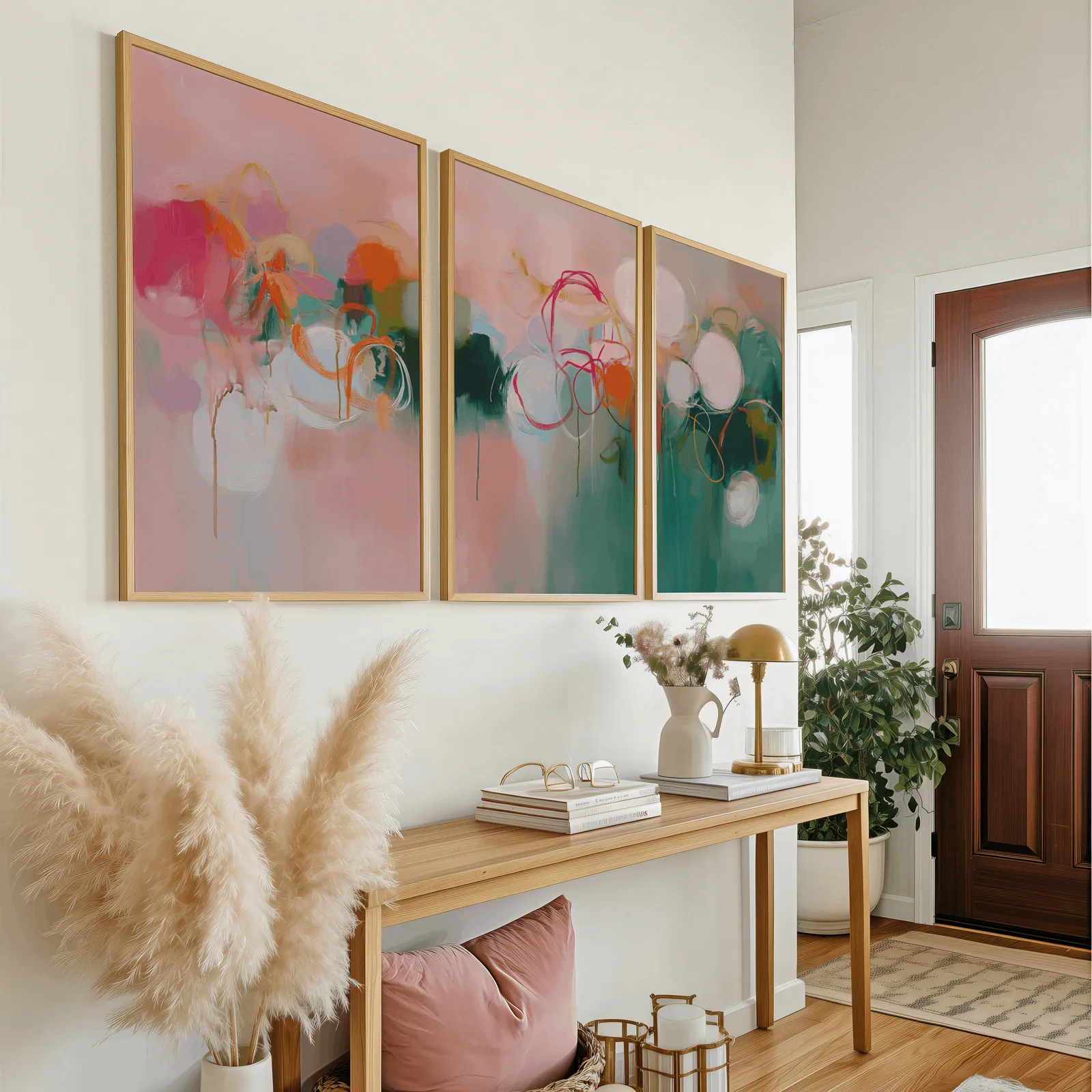 colorful abstract triptych wall art in pink and green, above a wooden console table near the entry door