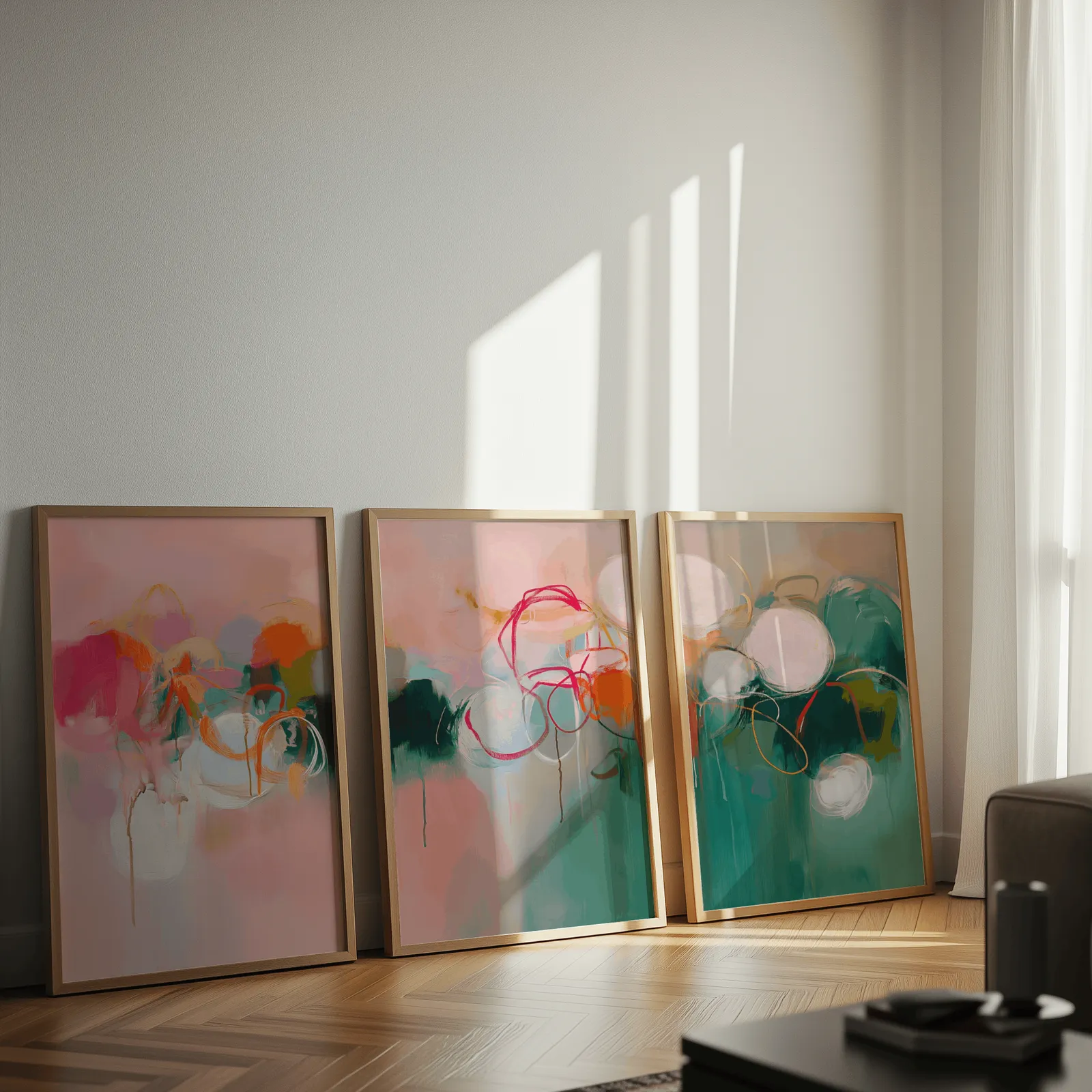 colorful abstract triptych wall art in pink and green, leaning against a sunlit wall on herringbone flooring