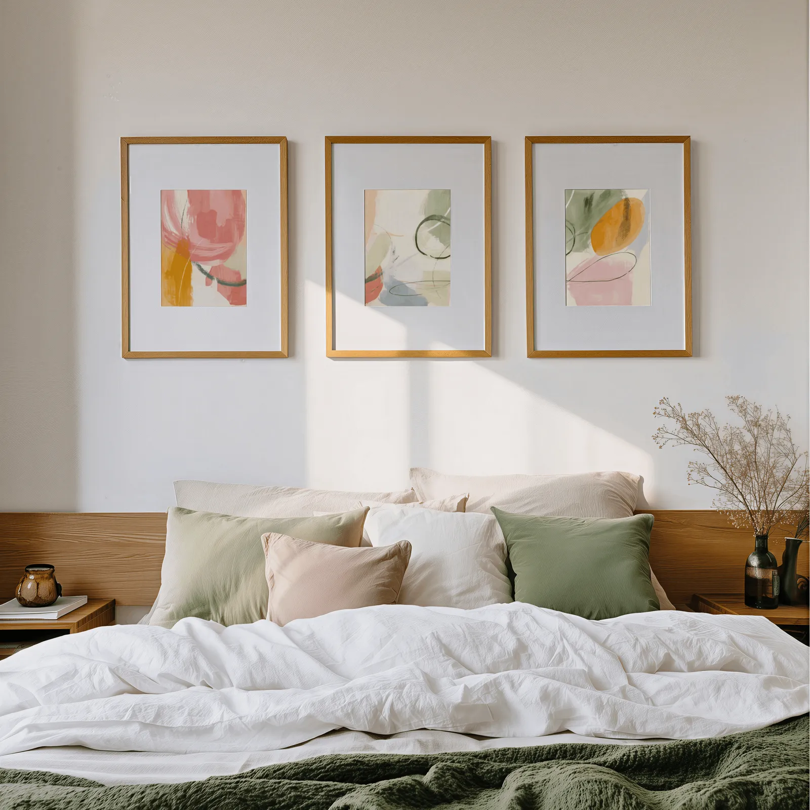 colorful abstract wall art set of 3, above a wooden headboard scattered with sage and blush pillows