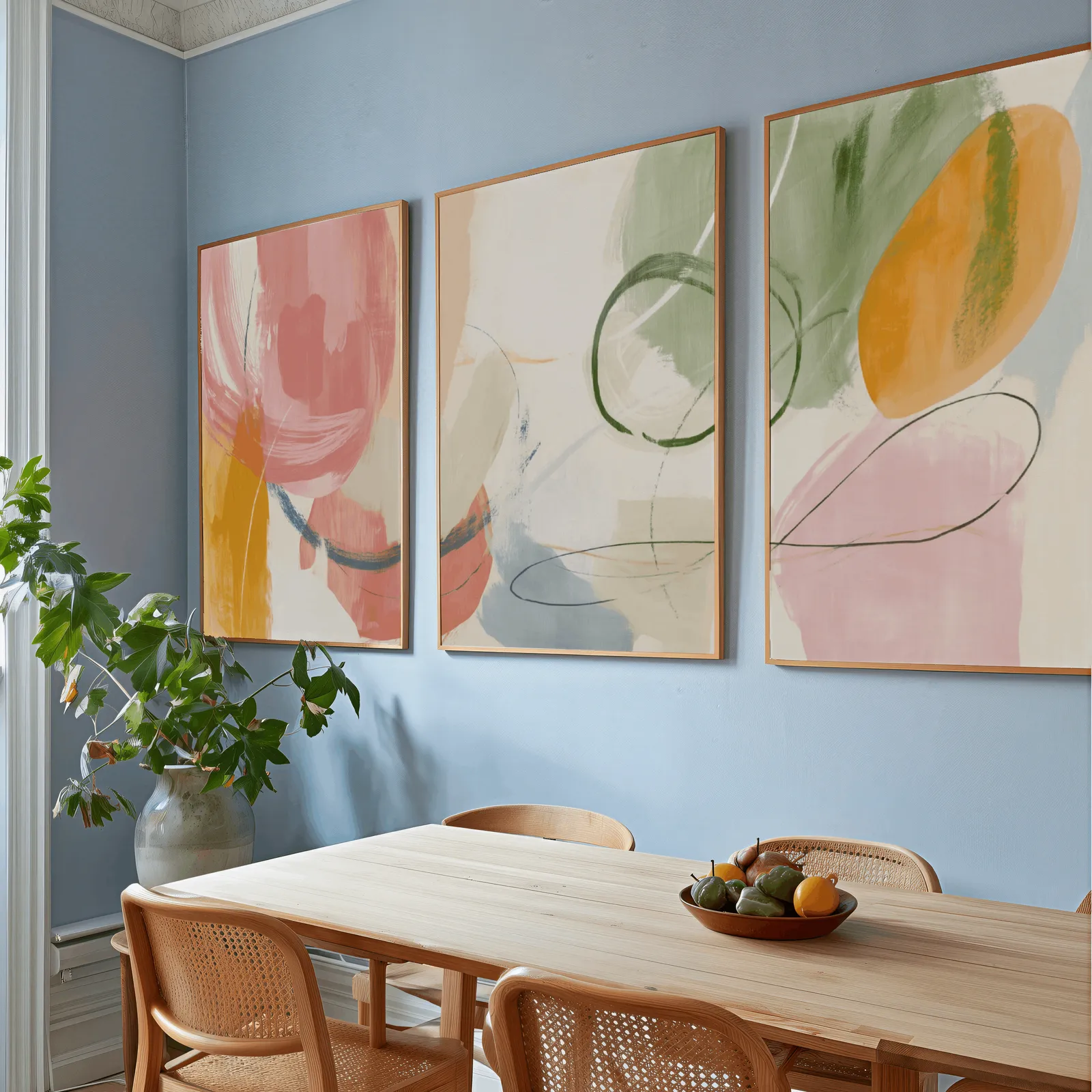 colorful abstract wall art set of 3, above a wooden dining table with cane chairs and a fruit bowl