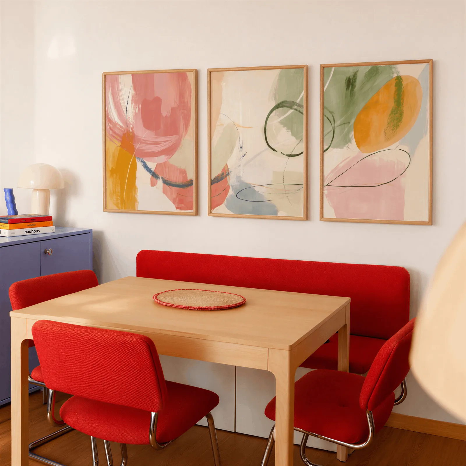 colorful abstract wall art set of 3, above a red banquette bench beside a lavender cabinet
