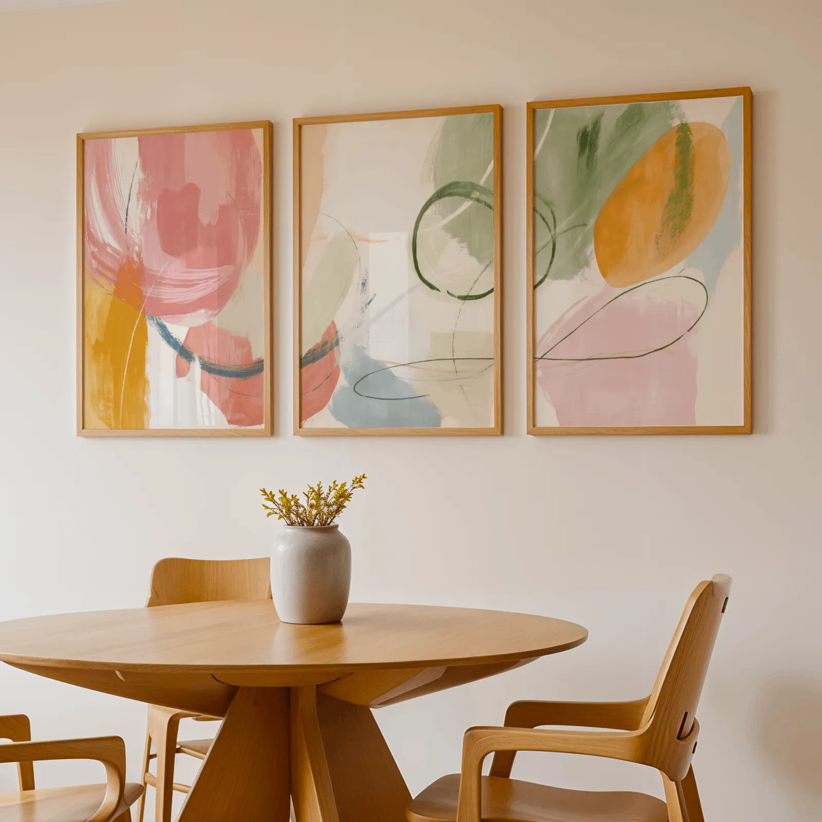colorful abstract wall art set of 3, above a round wooden table with a stoneware vase